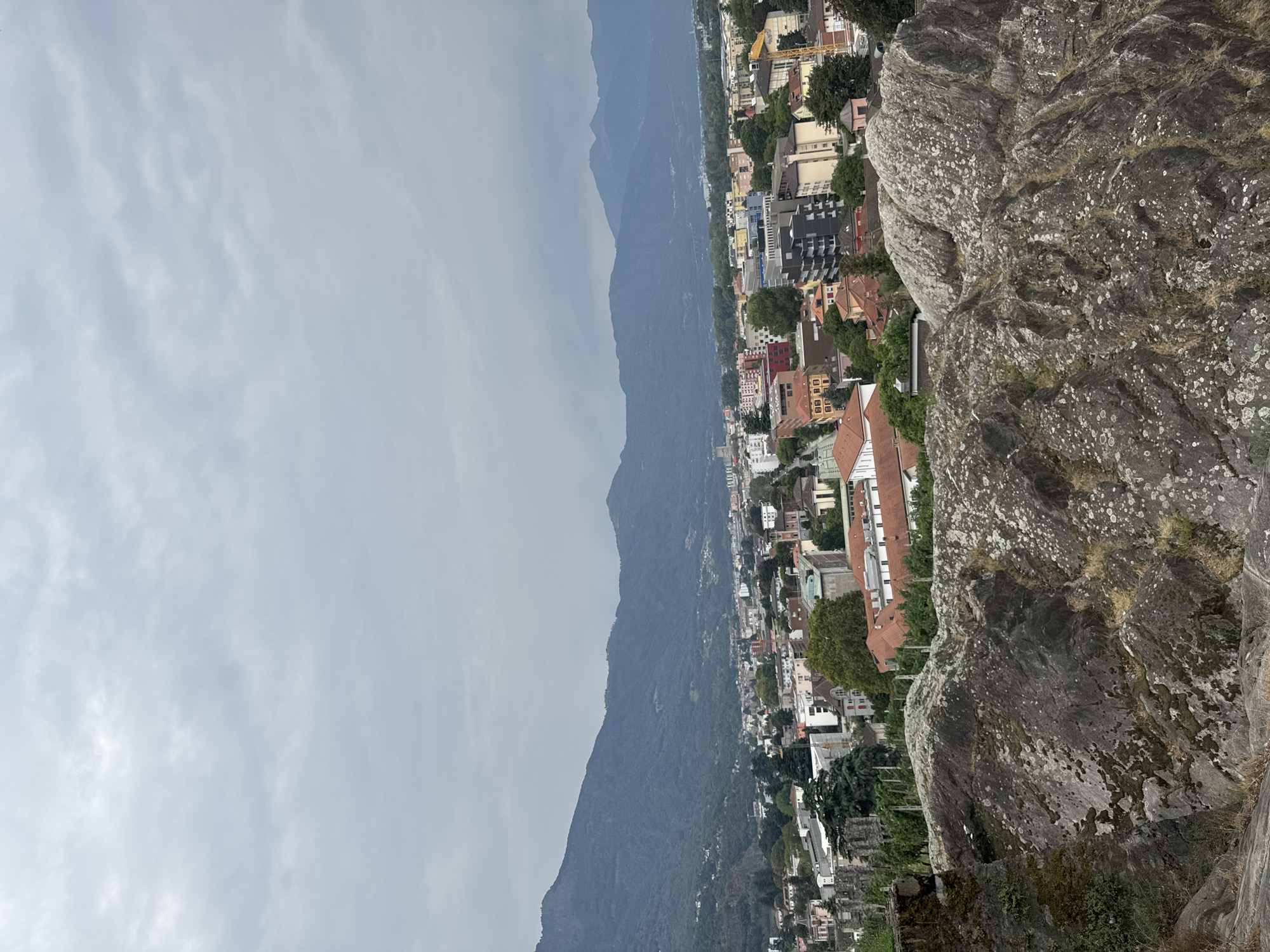 The image captures a panoramic view of the city of Bellinzona, Switzerland, from a high vantage point. In the foreground, large, rough-textured rocks dominate the lower part of the frame, partially covered with moss and dry vegetation. Beyond the rocks, the city unfolds with a dense collection of buildings featuring a variety of architectural styles and roof colors, including red tiles and modern facades. Prominent structures include a church with a tall steeple and several multi-story residential and commercial buildings. In the mid-ground, trees are interspersed among the buildings, providing touches of green. A construction crane is visible on the right side of the city. The background is dominated by lush, tree-covered mountains that rise majestically, their slopes disappearing into a hazy sky. The sky itself is overcast, with a blanket of grey clouds obscuring the sun. The overall impression is one of a European city nestled within a dramatic natural landscape.