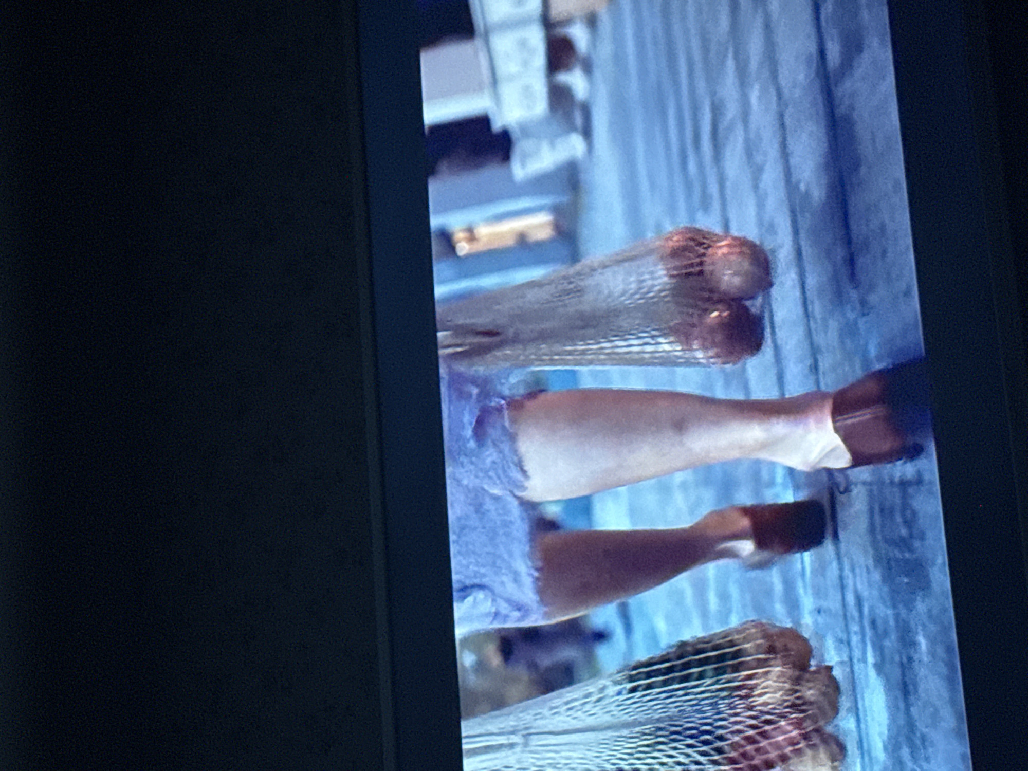 The image shows a television screen displaying a scene of a person in a light purple dress carrying mesh bags filled with round, brownish-red objects, possibly onions. The person is wearing brown shoes and walking on what appears to be a blueish-grey wooden surface. In the background, out-of-focus buildings are visible. Location is not possible to determine given the provided context.