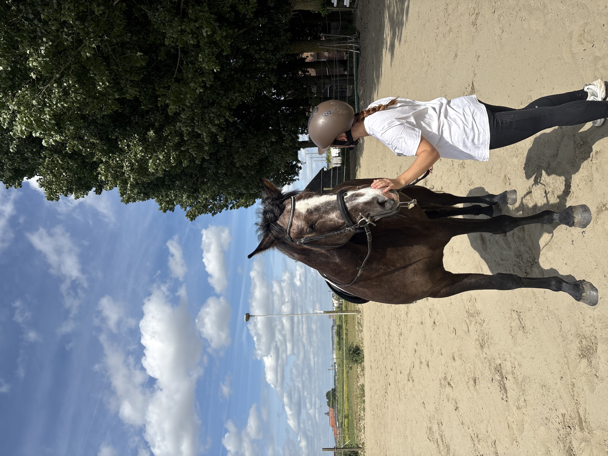 A young woman in a riding helmet and white t-shirt is standing next to a brown horse with a white blaze in an outdoor riding arena. She is gently touching the horse's face. The ground is sandy. In the background are green fields and a cloudy sky. The location is Estaimpuis, Belgium, based on likely context.