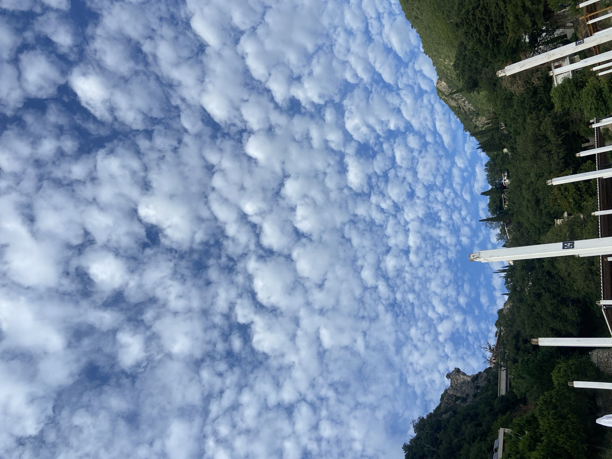 The image displays a daytime scene in an Unknown, Unknown location, characterized by a distinctive sky and a steep, verdant landscape. The upper two-thirds of the frame are filled with a clear blue sky densely populated by numerous small, white, popcorn-like cumulus clouds. Below the cloud-filled sky, two heavily forested mountains or steep hills dominate the midground, sloping downwards towards the viewer. The hills are covered in a dense array of green trees and vegetation, including taller, slender evergreen trees and broader deciduous foliage. On the left hillside, a distinct rock formation is visible, and several buildings or structures are partially discernible, nestled amongst the trees. On the right hillside, more buildings are similarly integrated into the dense greenery. The foreground features several tall, white, rectangular posts or pillars, suggestive of a beach canopy or structural support. One post on the left-center bears the number "14" in a black square, and another on the far right shows "13". No people, animals, or explicit actions are visible within the frame. The environment suggests a coastal or lakeside mountainous region with significant natural foliage and some man-made structures.