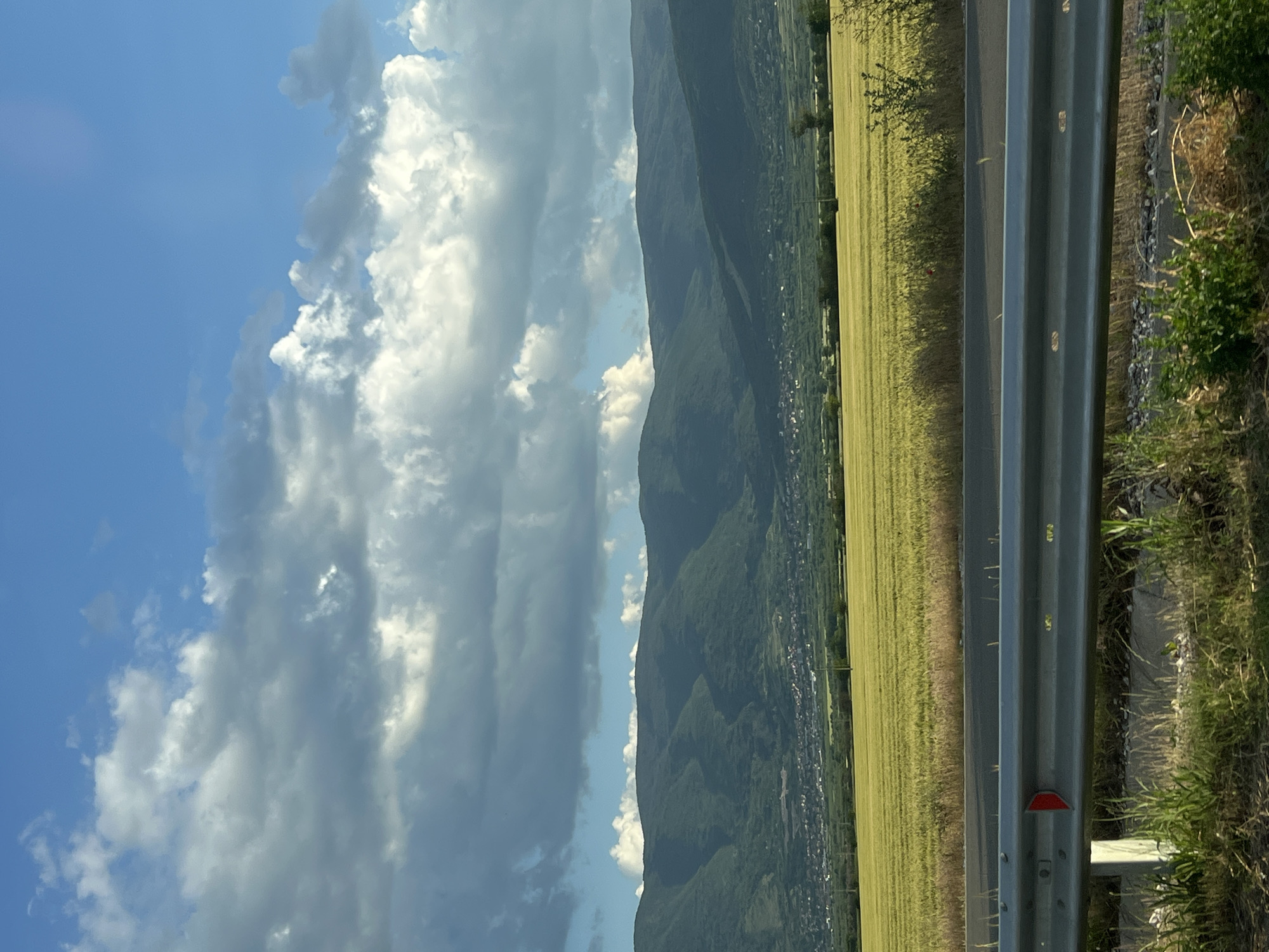 The image presents a landscape with a dominant sky filled with cumulus clouds transitioning from light blue to a darker, stormy gray. The sky occupies roughly half the frame.
Below the sky lies a mountain range covered in lush, green vegetation. At the base of the mountains, there appears to be a town or village, possibly within or near Krumovo, Bulgaria, given the prompt's request. The details are not sharp enough to clearly identify specific structures.
Adjacent to the mountains and town is a field, likely agricultural, showcasing a yellowish-green color reminiscent of mature crops.
In the foreground, a metal guardrail runs horizontally across the frame. It is partially obstructed in certain areas by tall grasses and other roadside vegetation, suggesting the photograph was taken from a moving vehicle or a position beside the road. The presence of a red reflector attached to the guardrail suggests it is adjacent to a roadway.