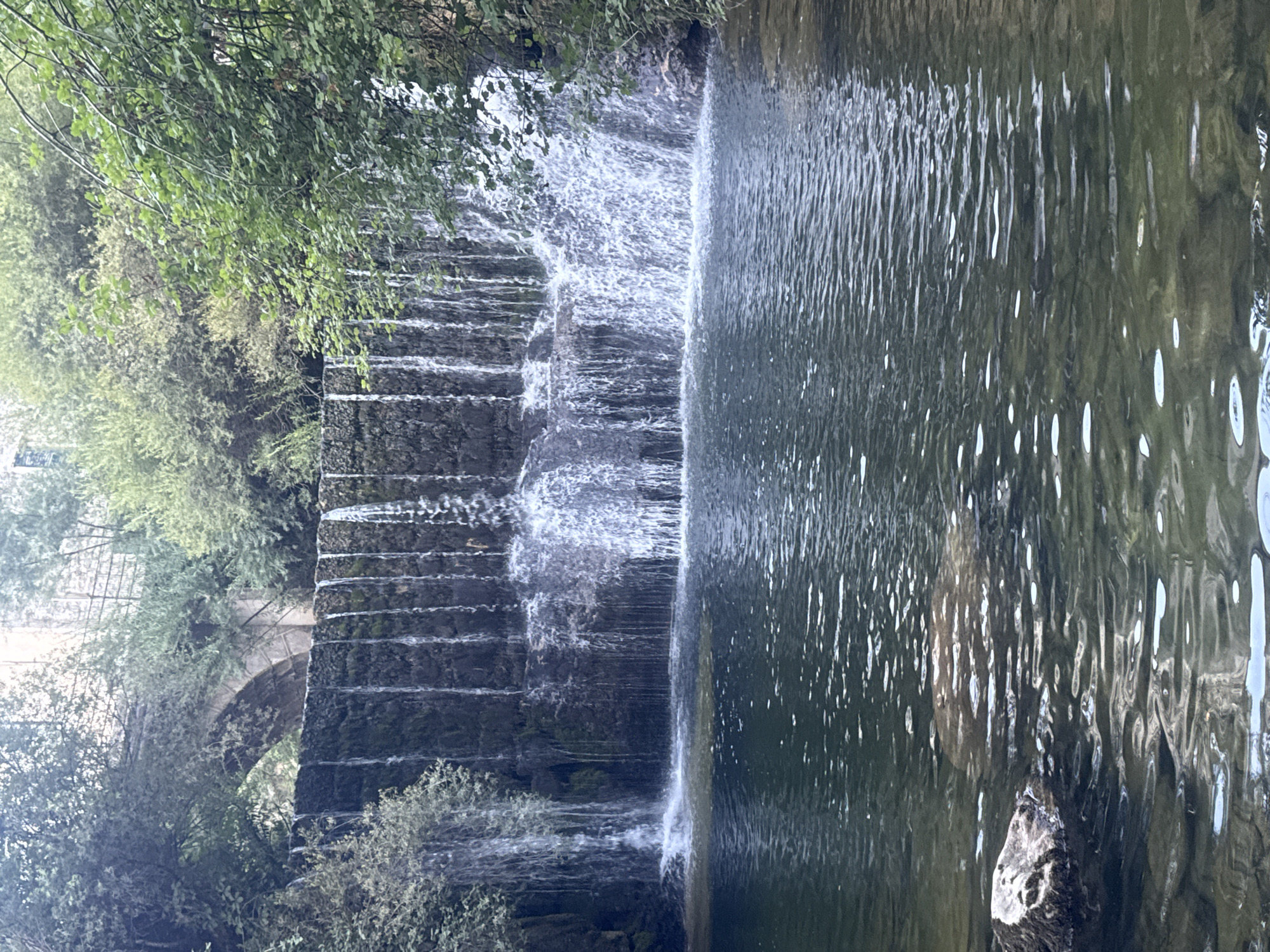 This is a vertical, eye-level, medium shot photograph of a waterfall flowing over a stone wall into a body of water. The waterfall is wide, with water cascading down in several sheets and streams. The stone wall is covered in moss and appears to be man-made, possibly a weir or part of an old structure. Above the waterfall, a stone bridge with an arched opening can be seen, partially obscured by lush green trees and foliage. The water in the foreground is dark green and reflects the surrounding greenery and sky, with ripples on its surface. A single rock is visible on the left side of the water. The scene appears to be in a natural setting within a city, given the presence of the bridge and man-made wall. This location is the Cascade du Flumen in Saint-Claude, France, a small waterfall located on the river Flumen near the town.