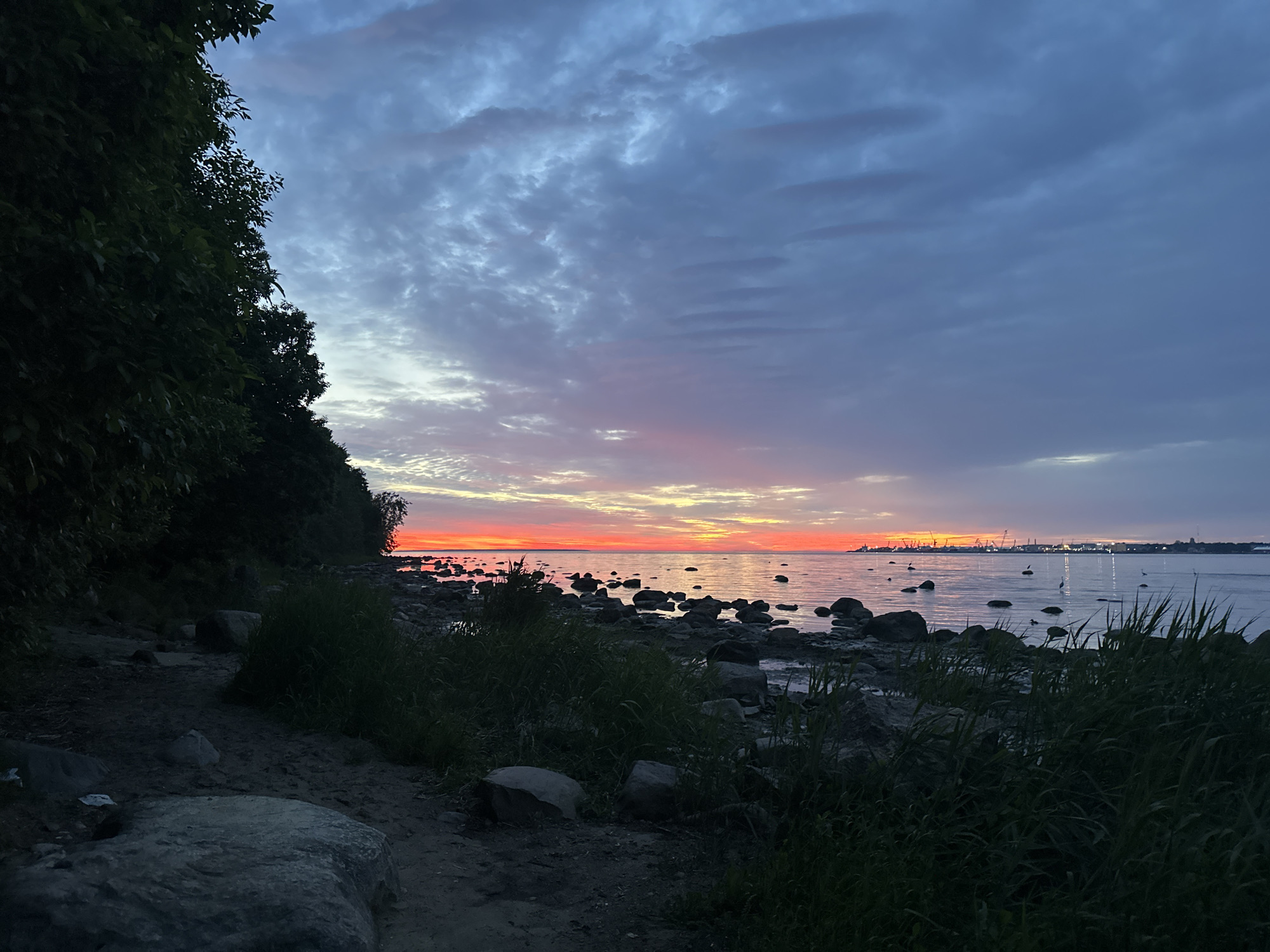 This is a landscape photograph taken at dusk in Tallinn, Estonia. The foreground features a rocky shore with vegetation and a dirt path. The middle ground is the Baltic Sea, dotted with rocks and a few birds. In the background, a city skyline is visible, featuring industrial cranes and buildings. The sky is dramatic, with hues of orange, pink, and purple from the setting sun, contrasted with dark blue clouds. The overall impression is one of a serene, natural setting meeting an industrial urban landscape.