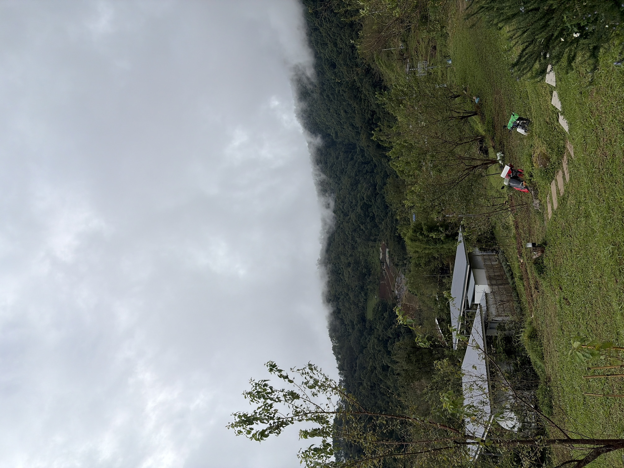 The image depicts a cloudy day in Ban Khun Wang, Thailand, with a mountainous landscape. In the foreground, a grassy slope leads down to a few structures. Two motorcycles are parked on the grass, one red and white with a red box on the back, and the other white with a green box on the back. A path of stepping stones winds across the grass towards the motorcycles.
Further down the slope, two buildings with grey metal roofs are visible. They appear to be small, modern houses. One building is white with a darker grey roof, and next to it is a lower structure with a similar roof. A bamboo fence runs behind these buildings.
The midground is dominated by lush green trees covering the rolling hills. In the background, the mountains are shrouded in mist and low-lying clouds, obscuring the upper portions of the peaks. Small patches of cultivated land or terraces are visible on the slopes of the mountains. A single, leafy tree stands in the left foreground. The overall atmosphere is serene and natural, characteristic of a rural mountain setting.