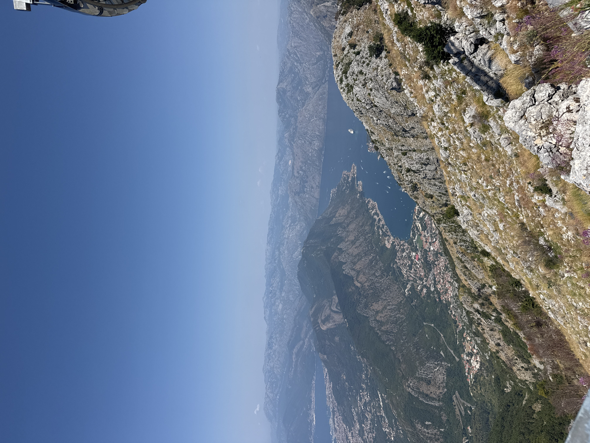 The image shows a panoramic view of the Bay of Kotor, from a high vantage point on a mountain. The bay is a deep blue, with several boats visible on its surface. The surrounding mountains are rugged and covered in lush green vegetation. In the foreground, the rocky, dry terrain of the mountain slope is visible, with sparse vegetation and some purple flowers. A portion of a metal railing is present in the lower left corner. In the distance, the city of Kotor can be seen nestled along the bay, with its distinctive red-tiled roofs. The sky is a clear, bright blue.