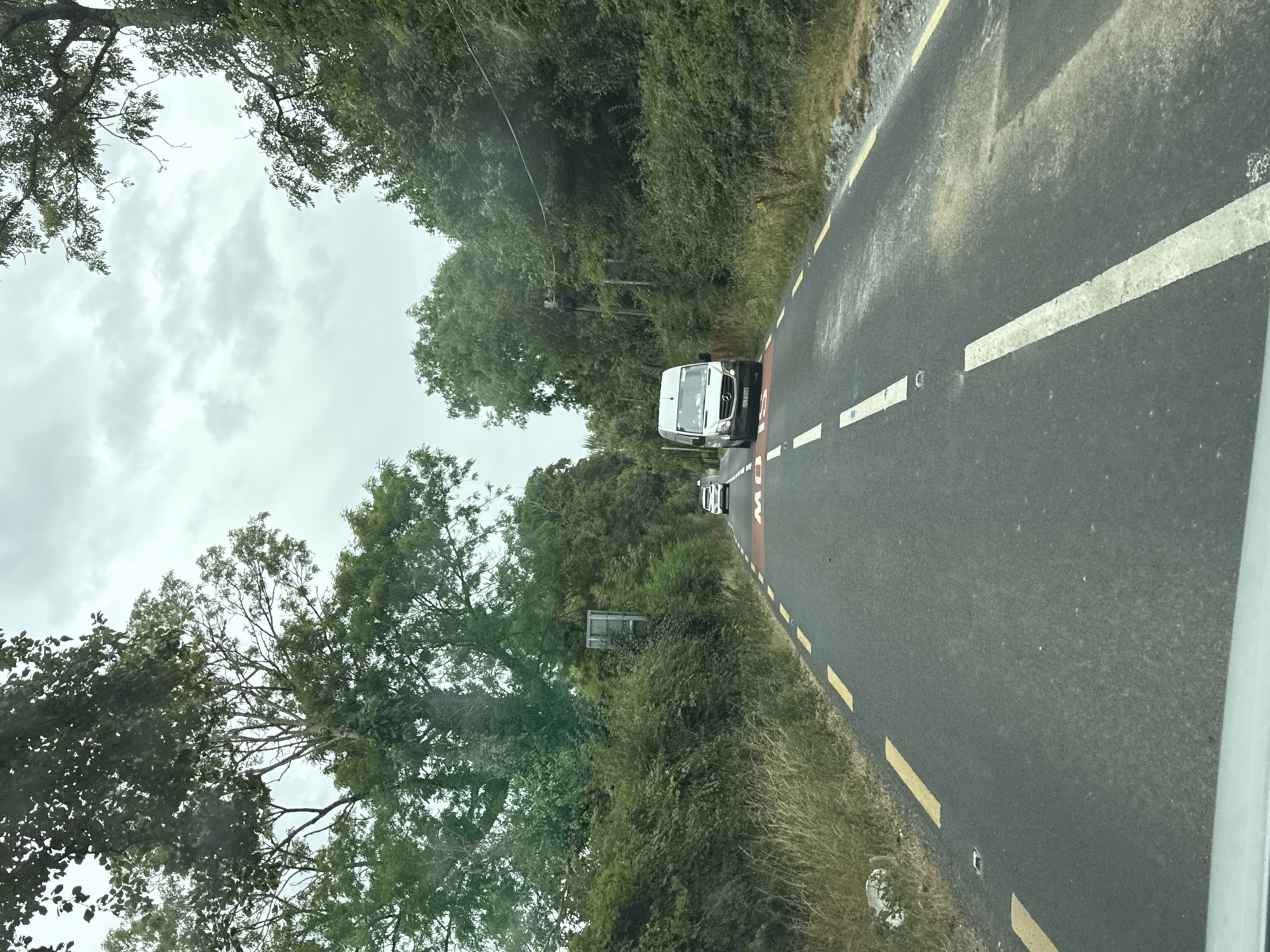 An overcast sky looms above a two-lane asphalt road in rural Ireland. The road is lined with yellow dashed lines and solid white lines, indicating traffic lanes. On the right side of the road, a white van is approaching, its headlights on. Further down the road, a white car is visible in the distance. The roadside is flanked by dense green vegetation, with tall trees lining the edges of the road. A red painted section on the road ahead of the van has white markings that appear to be letters, potentially indicating a speed limit or a warning. The image appears to be taken from inside a vehicle traveling on the road. The scene depicts a typical rural Irish road with limited visibility due to the overcast weather.