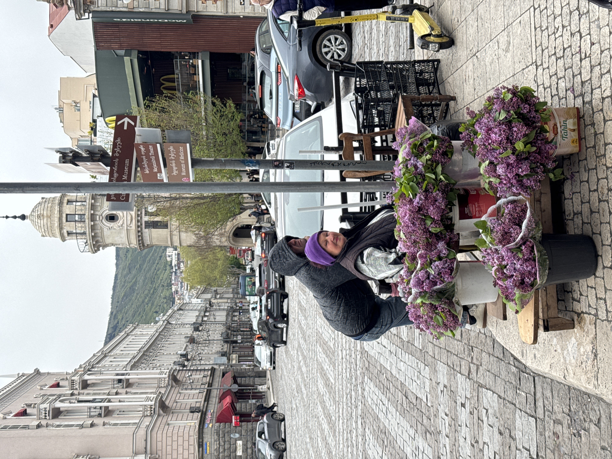 This media file depicts a vibrant street scene in Tbilisi, Georgia, centered around a flower vendor. In the foreground, a woman wearing a dark jacket and a purple beanie is seen behind a stand laden with numerous large bouquets of purple lilac flowers, contained in various buckets and containers, some wrapped in clear plastic. One container has the word "Tahin" printed on it.
The street is paved with cobblestones, and the background features a bustling city environment. To the vendor's left, a street signpost displays multiple brown signs with Georgian script and English translations, indicating directions to "Museum," "Marjanishvili Theatre," and "Museum of Medicine," along with a partial "Cin" sign. Further down the street, several cars are parked and driving, including a grey hatchback with a partially visible license plate "EE-30" and a white van. A yellow electric scooter is visible near the vehicles.
Architecturally, the street is lined with multi-story, old-style buildings featuring balconies and ornate details. In the distance, a distinctive building with a white dome and a tower stands out. A prominent green, tree-covered hill or mountain rises behind the city buildings. A McDonald's restaurant, identifiable by its golden arches, is also visible in the background among the buildings. The overall scene suggests a daytime setting with an overcast sky.