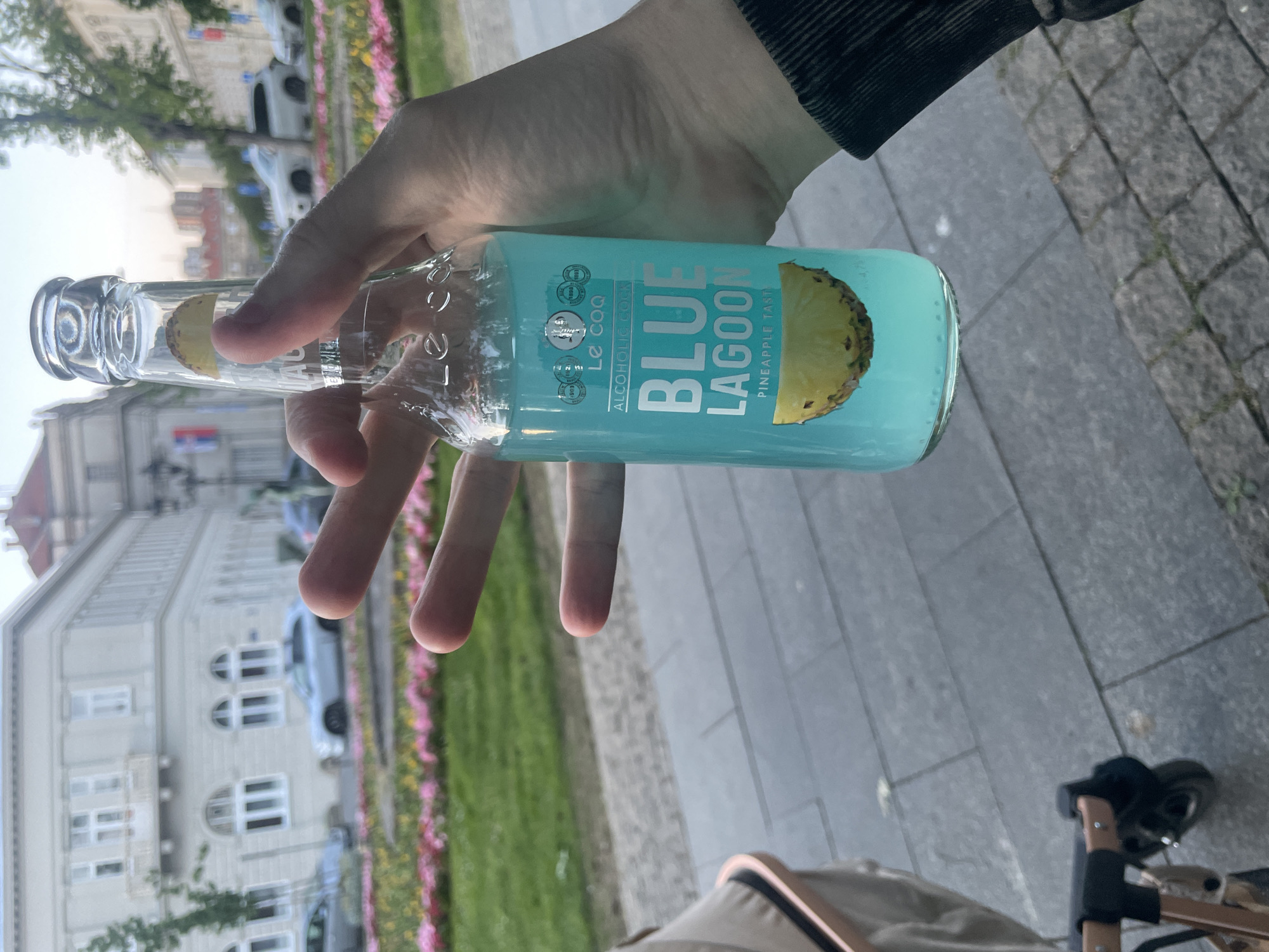 A person's hand holds a clear glass bottle containing a vibrant blue beverage. The bottle's label clearly reads "Le Coq," "ALCOHOLIC COCKTAIL," and "BLUE LAGOON," with "PINEAPPLE TAST" below it. A slice of pineapple is visible inside the bottle, along with what appears to be another fruit slice (possibly lemon or lime) near the bottle's neck. The "Le Coq" logo on the label also includes the years 1806, 1898, 1928, and 1999.
The setting is an outdoor urban environment, strongly suggested to be Novi Sad, Serbia, by a small Serbian flag visible on a building in the background. It is daytime, characterized by bright, natural light.
The background features a paved pedestrian walkway leading to a strip of green grass and flower beds with pink and yellow blooms. Beyond this, multi-story buildings with classic architecture are visible, along with parked cars. A small tree stands between the buildings and the green area. In the lower right corner, a part of a beige stroller or pram is visible. The overall scene depicts a casual moment in a well-maintained city park or street.