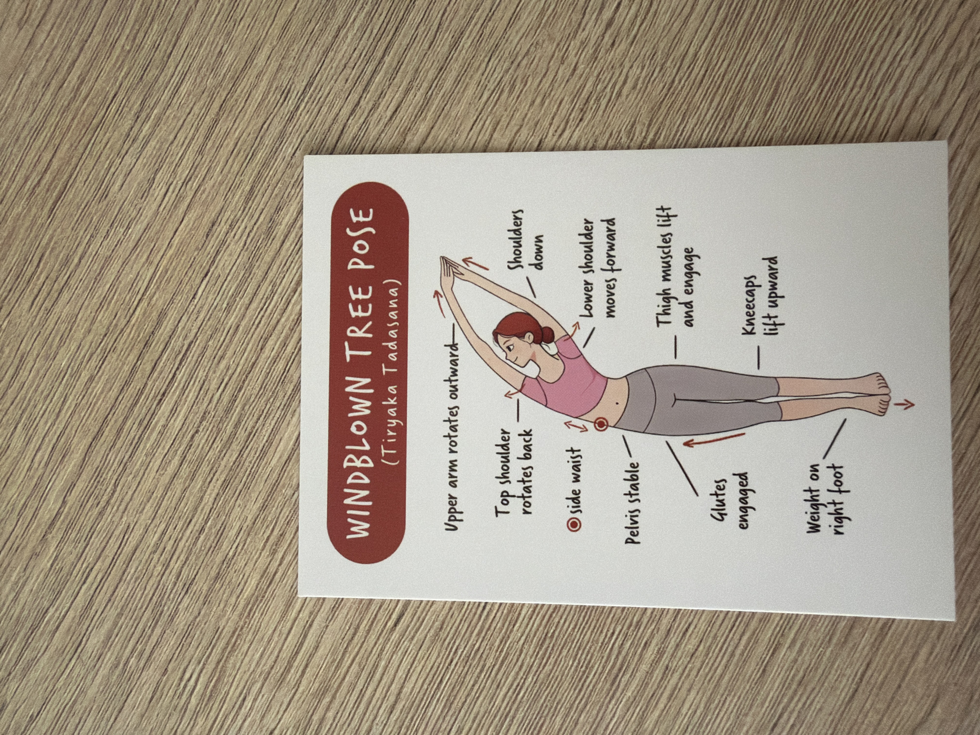 The image shows a yoga pose illustration titled "WINDBLOWN TREE POSE (Tiryaka Tadasana)". The illustration depicts a woman in a side-bending pose with her arms overhead. Various points of her body are labeled with instructions such as "Upper arm rotates outward", "Top shoulder rotates back", "Shoulders down", "Lower shoulder moves forward", "side waist", "Pelvis stable", "Thigh muscles lift and engage", "Glutes engaged", and "Kneecaps lift upward". The bottom of the illustration shows her feet with "Weight on right foot" indicated. The illustration is on a white card with a red border and red text for the title. The card is placed on a wooden surface with a distinct wood grain pattern. There is no identifiable location within the city of Pazardzhik, Bulgaria mentioned or depicted in the image.