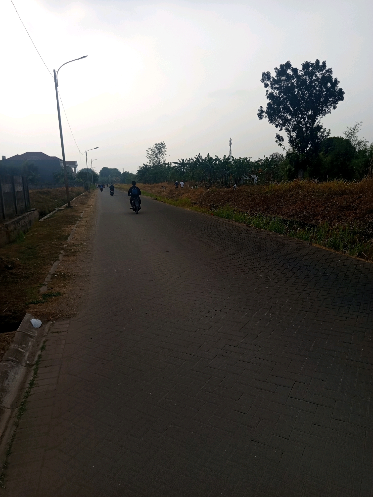 The image shows a paved road in a suburban area of West Jakarta, Indonesia. The road is lined with grass and dry vegetation on the right side, and a fence and a building on the left. Several motorcycles are present on the road, with some people riding them and others walking. A tall tree with a dense canopy stands on the right side of the road, silhouetted against a bright sky. The lighting suggests it is daytime, possibly early morning or late afternoon, with overcast conditions.