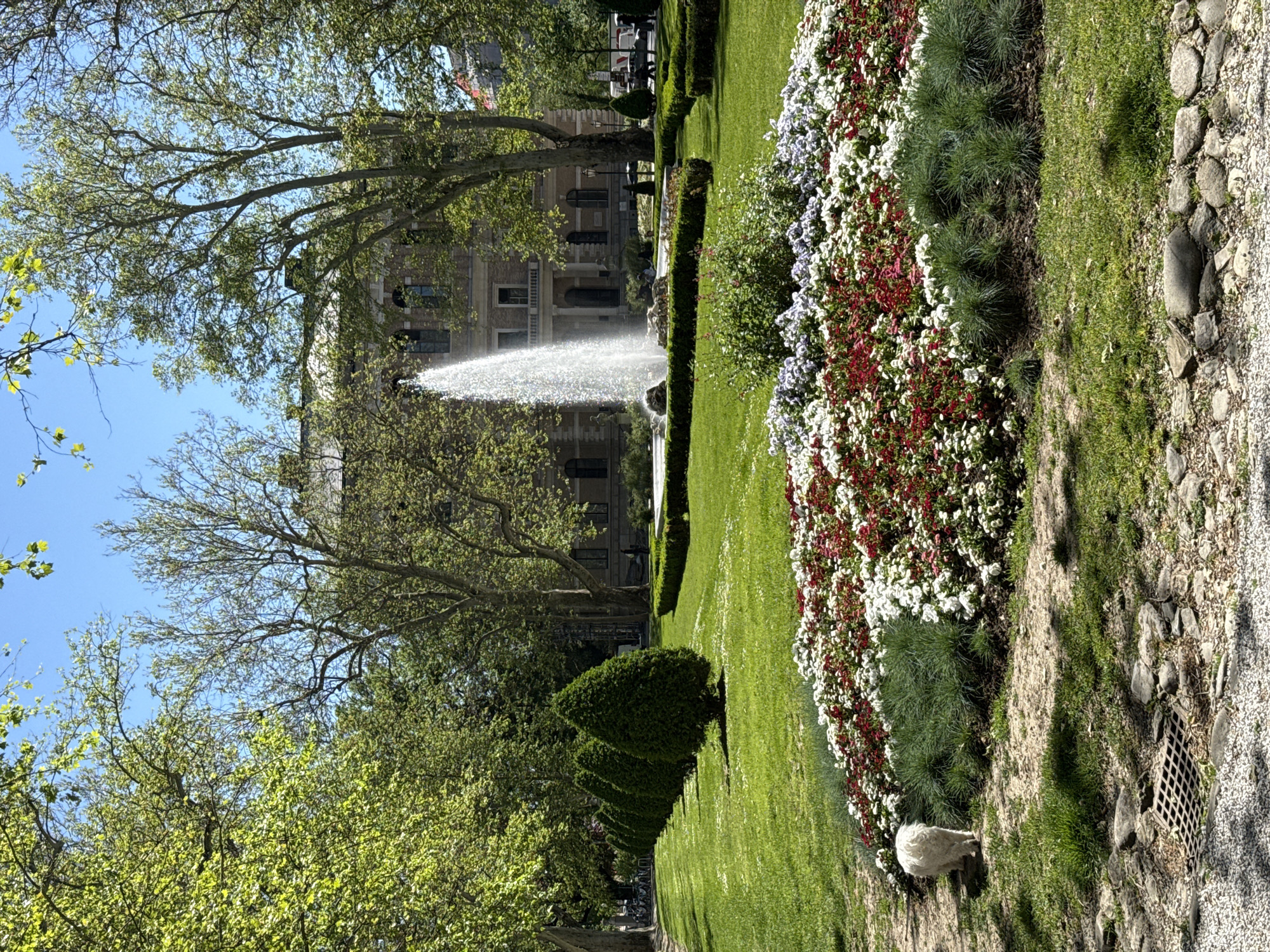 Captured in the City of Zagreb, Croatia, the image presents a verdant park scene. In the foreground, a border of vibrant flowers—red, white, and purple—lines a grassy area. Adjacent to the flowers is a rock-lined pathway with a visible drainage grate. A small white dog stands near the edge of the flowers. Beyond the immediate foreground, meticulously trimmed hedgerows lead the eye towards a central fountain, its water arcing gracefully in the air. Behind the fountain, a grand building stands, partially obscured by lush trees with new green foliage. The sky is clear blue.