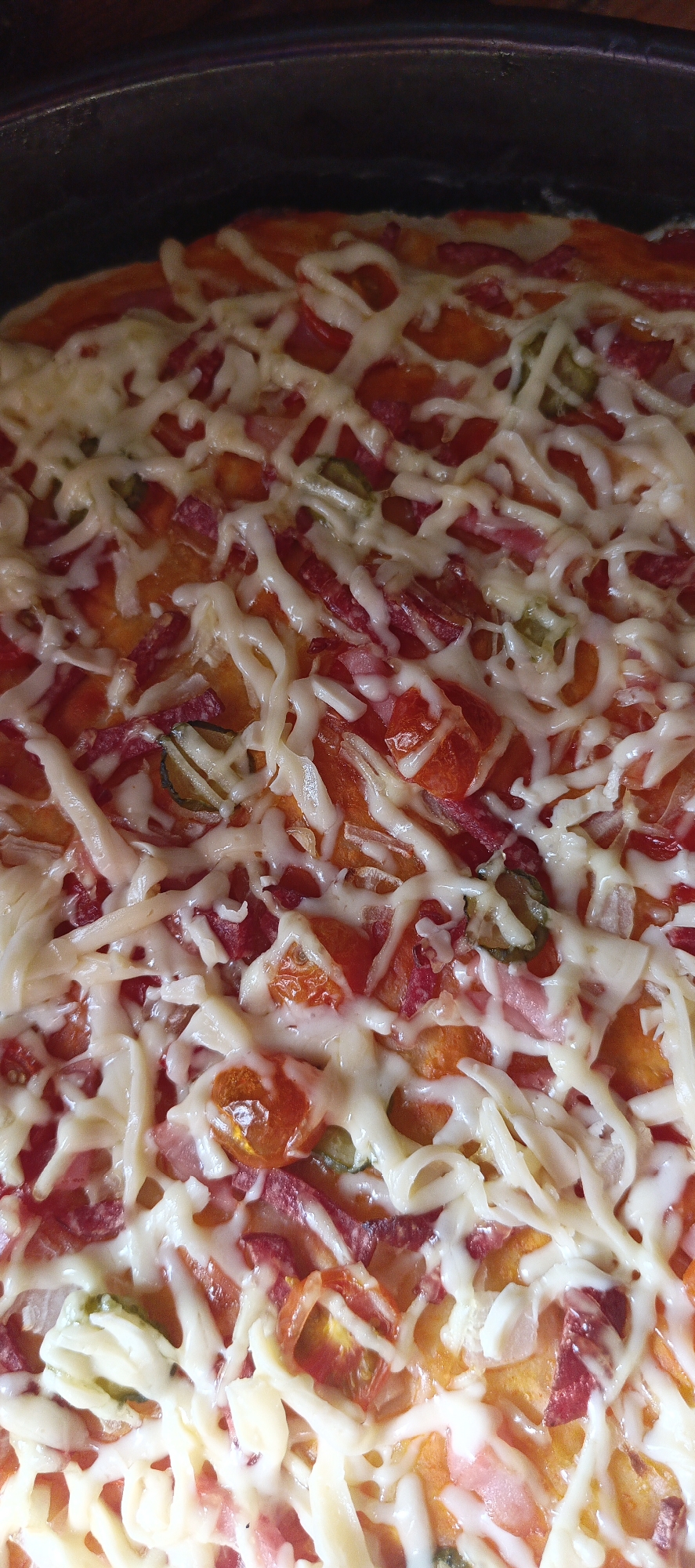 A close-up, overhead view shows a prepared, uncooked pizza in a dark pan. The pizza is topped with a layer of shredded white cheese, which is interspersed with diced red tomatoes, thin slices of what appears to be cured sausage or pepperoni, and green pieces of possibly jalapeño or cucumber. The pizza base is not visible. The scene is well-lit, with the light source appearing to be from above, casting subtle shadows on the toppings. The dark rim of the pan is visible around the top edge of the image. There are no people or animals present in the image. The setting is not identifiable as being within the city of Gorno-Altaysk, Russia, or any other specific geographical location, as there are no background elements or context clues to indicate this.