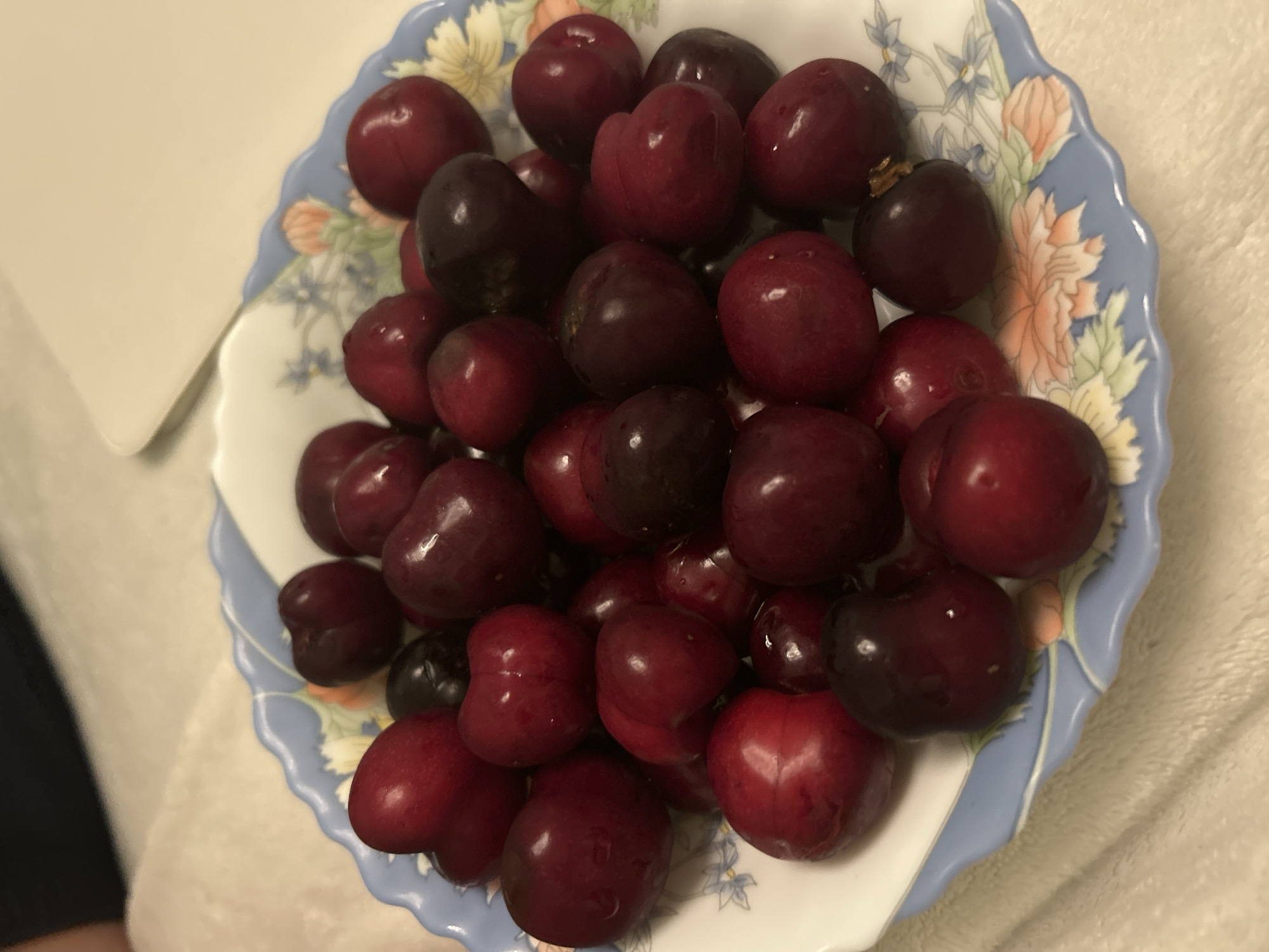 A close-up, top-down shot shows a patterned porcelain bowl filled with dark red cherries. The bowl has a scalloped edge decorated with blue floral patterns and orange accents. The cherries are plump and varied in shade from deep red to almost black, with some showing a slight sheen. They are piled high in the bowl, obscuring the bottom. The bowl rests on a textured, light-colored surface, possibly a blanket or tablecloth. The background is out of focus, showing hints of a person's dark clothing and a light-colored surface, suggesting an indoor setting. There is no identifiable information or context to place this image in the city of Burgas, Bulgaria.