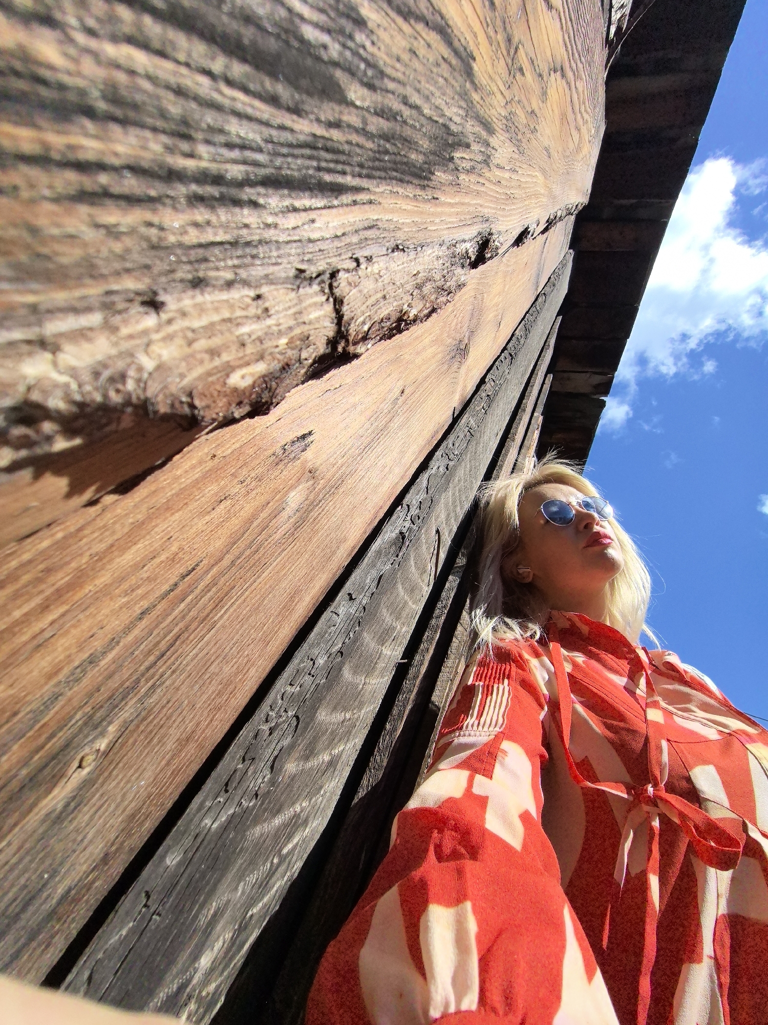 The image shows a woman leaning against a wooden structure on a sunny day. The woman has blonde hair and is wearing a red and white patterned shirt and sunglasses. She is looking up towards the sky. The wooden structure appears to be old and weathered, with visible grain and cracks. The sky is blue with some white clouds. The perspective of the photo is from a low angle, looking up at the woman and the wooden structure. There is no discernible information within the image that indicates the specific location in Noviy, Russia.