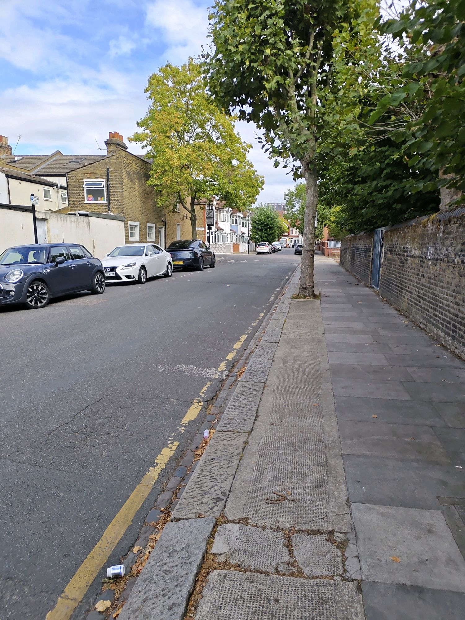 The image depicts a street scene in London, United Kingdom, likely a residential area. In the foreground, the asphalt road is marked with a yellow line along the curb. Several cars are parked along the street, including a dark grey Mini Cooper, a white Lexus sedan, and a dark sedan. The sidewalk on the right side of the street is paved with flagstones and bordered by a brick wall. Mature trees with green foliage line the sidewalk, casting shadows on the pavement. Residential buildings with brick and white facades are visible in the background. The sky is partly cloudy with a blue hue. Fallen leaves are scattered on the ground, suggesting it might be autumn. There is some litter on the road, including a plastic bottle and a discarded can.