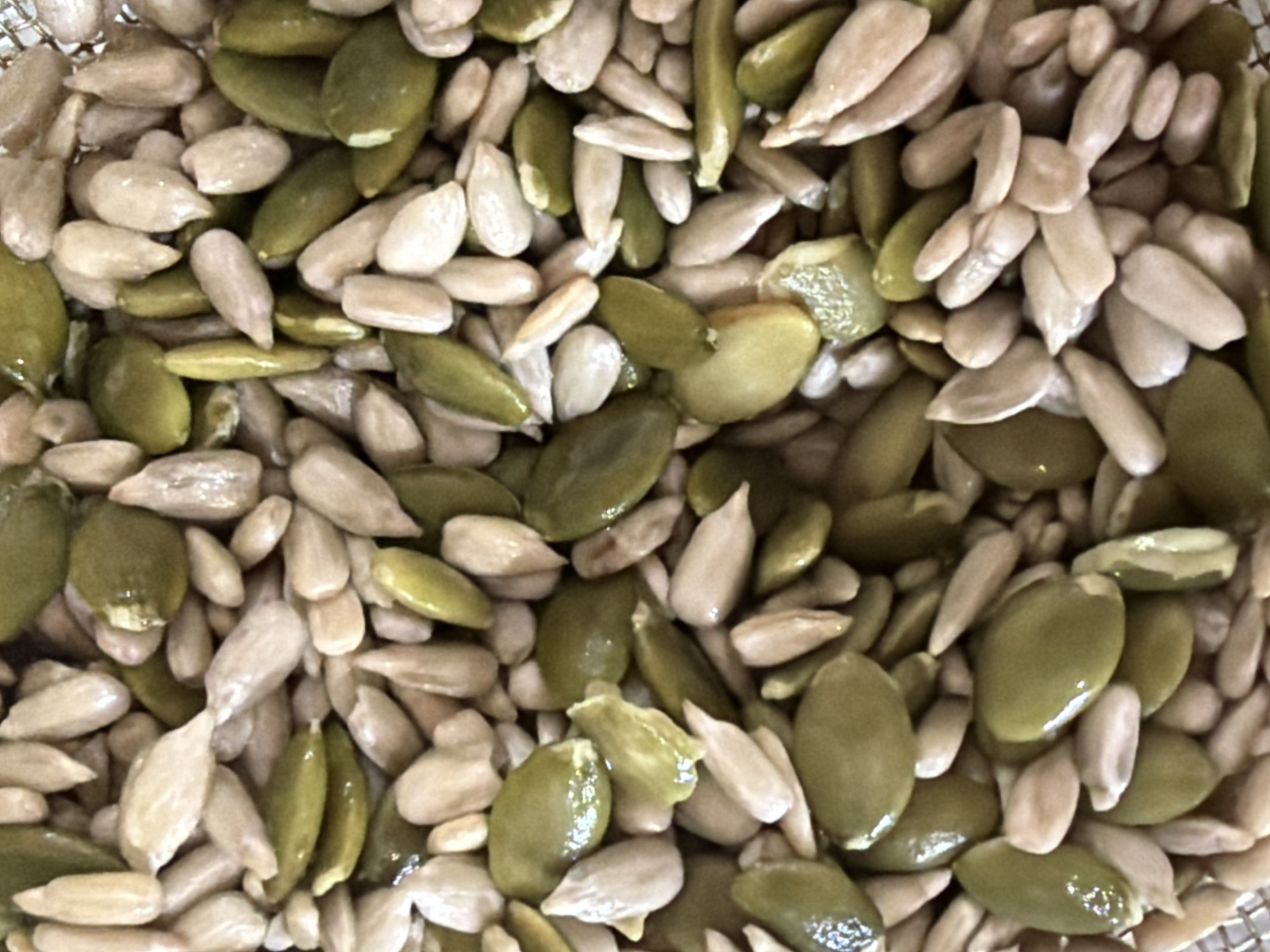 The image shows a close-up view of a mixture of sunflower seeds (the off-white, teardrop-shaped seeds) and pumpkin seeds (the larger, green, oval-shaped seeds). The seeds appear to be wet or slightly oily, as they have a glossy sheen. The composition fills the entire frame, with no background visible. The location and city of Chaikovsky, Russia, are not deducible from the image.