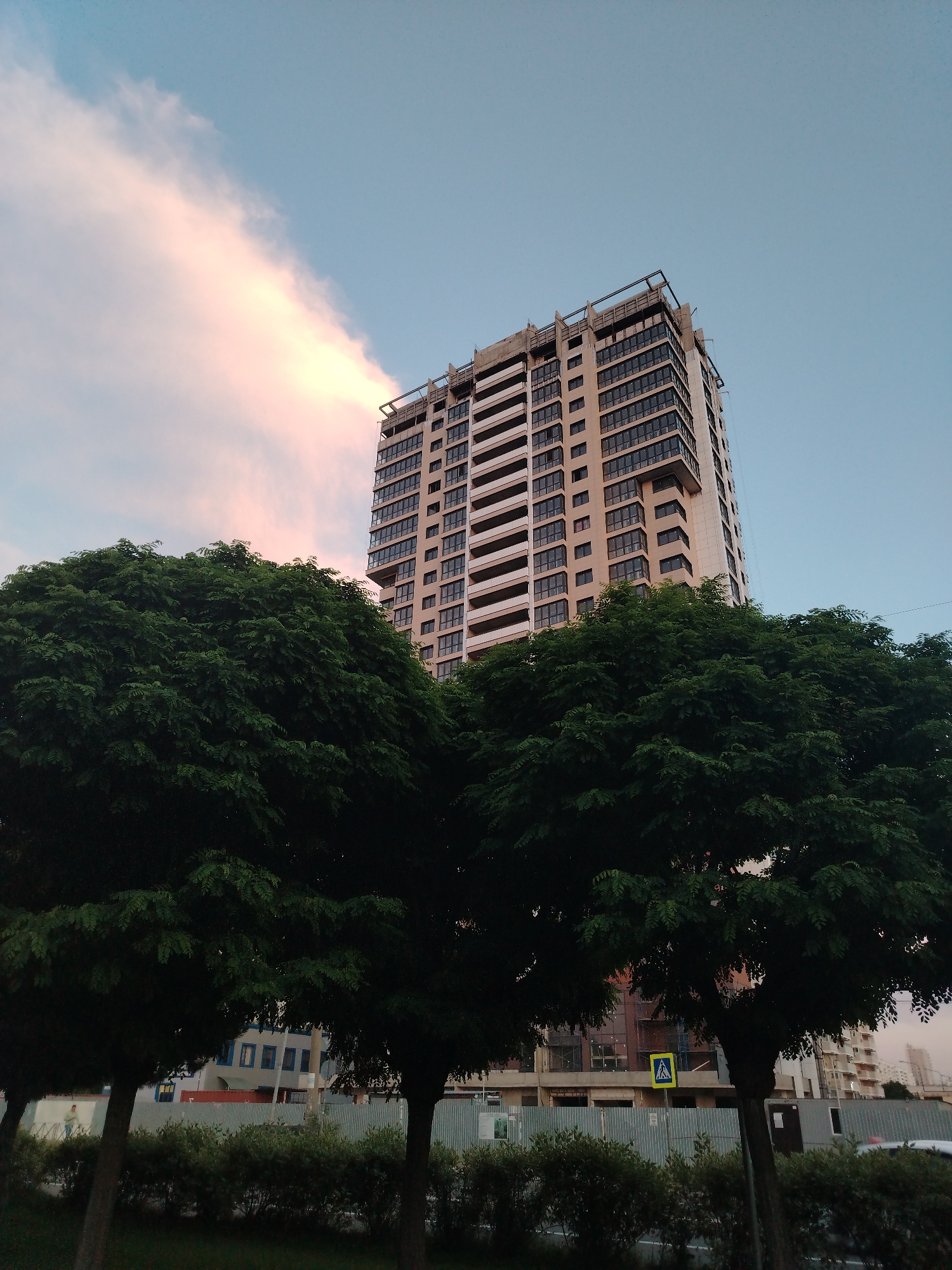 This image depicts a residential high-rise building under construction in Krasnodar, Russia. The building, characterized by its beige facade and numerous windows, is partially obscured by the lush green foliage of several large trees in the foreground. The sky above is a soft blue, transitioning to a pastel pink and yellow where a thin band of clouds is visible, suggesting either dawn or dusk. The lower portion of the image shows a street scene with a pedestrian crossing sign, a metal fence, and some low-lying bushes. The overall impression is an urban environment integrating natural elements.