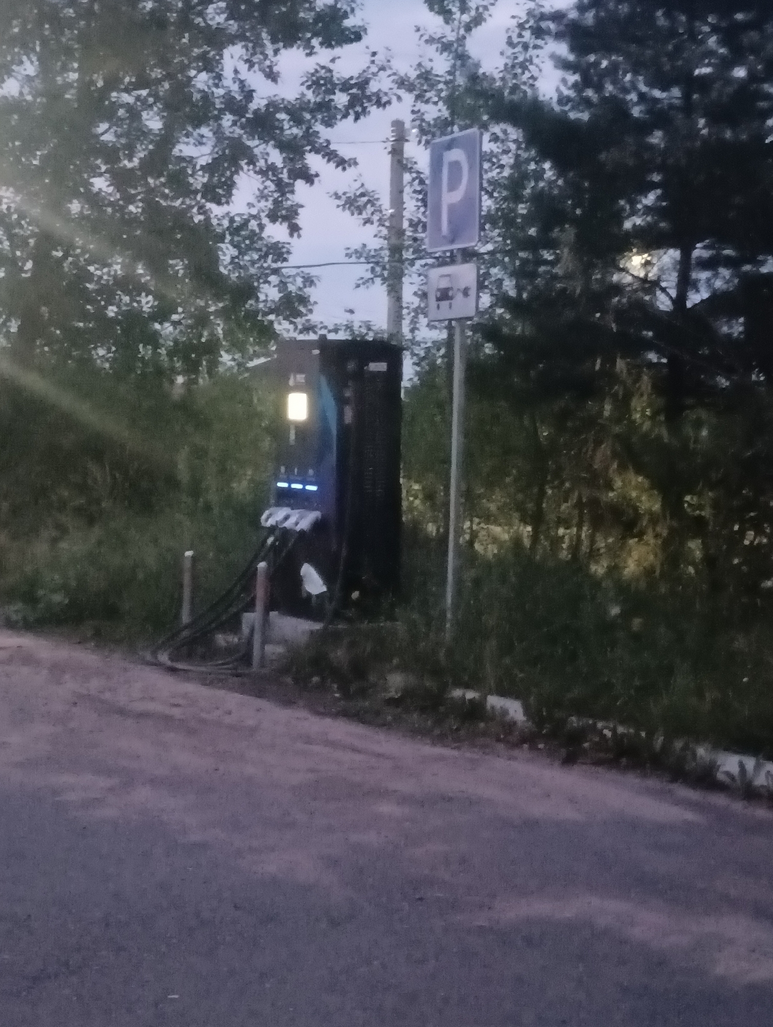 In Прикамский, Russia, an outdoor electric vehicle charging station is visible. The station is dark-colored and features illuminated blue indicators and a bright yellow light at the top. It has multiple charging cables connected, which are organized and routed along the ground. The charging station is situated on a slight incline covered with grass and vegetation, with several trees and foliage forming the background. A sign with a blue parking symbol 'P' and a sign depicting a vehicle and a power outlet are mounted on a pole to the right of the charging station. The foreground shows a paved surface, likely a road or parking area, with the lighting conditions suggesting it is dusk or early evening.
