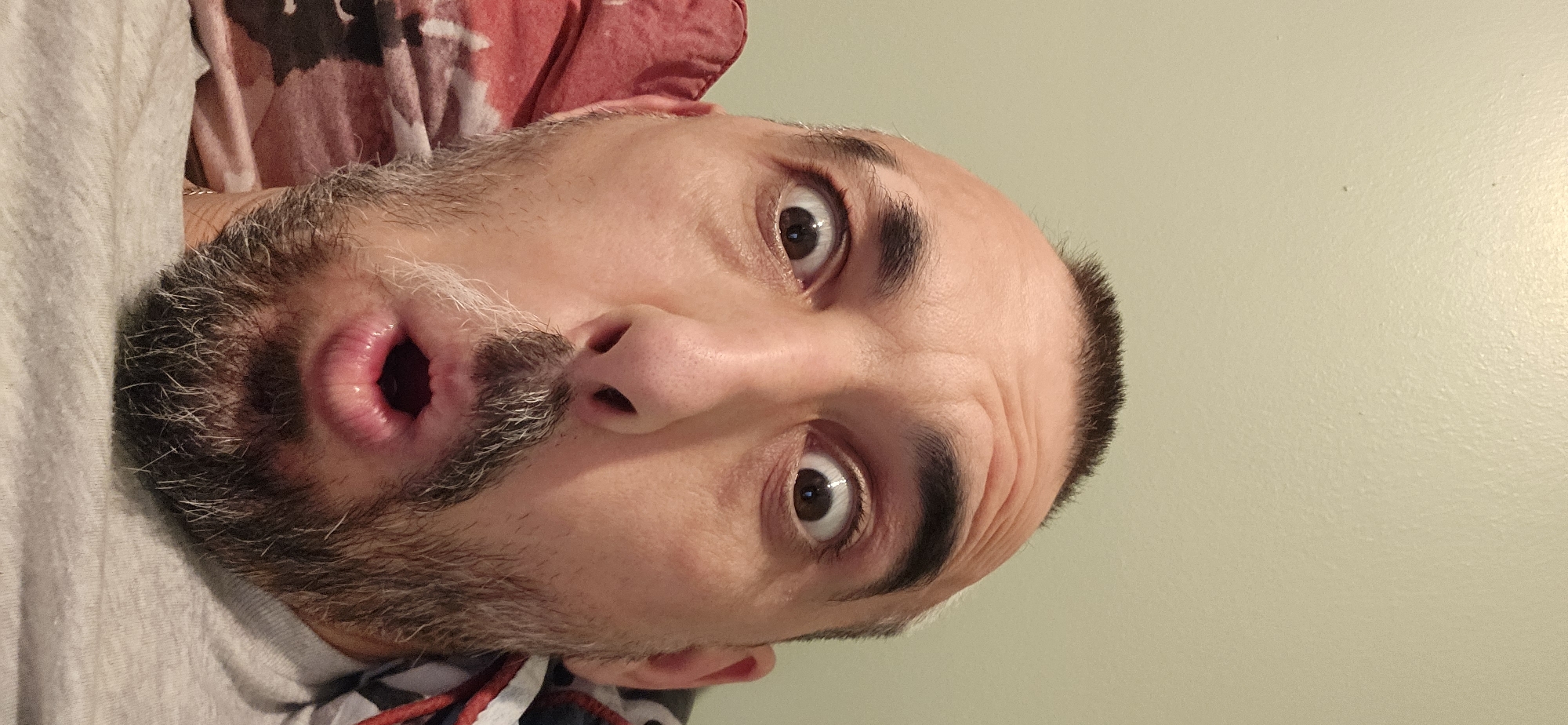 The media file is a close-up portrait of a man's face, rotated 90 degrees counter-clockwise. The man is looking directly at the viewer with a surprised or astonished expression. His eyes are wide open with visible pupils, and his mouth is open in a distinct 'o' shape.
He has a beard and mustache, which show noticeable graying, especially around his chin and mouth. His eyebrows are dark and prominent, and his hair appears short or closely cropped. Wrinkles are visible on his forehead, emphasizing his startled gaze.
The man is positioned against what appears to be a light-colored (possibly gray or off-white) piece of clothing on his left side, likely a t-shirt. Behind his head, a red fabric with a darker pattern is visible, suggesting he is lying against a pillow or bedding. The background to the right of his head is a plain, light green or beige wall. The setting appears to be indoors. No specific location cues are visible within the image, but the given context is Norwich, United Kingdom. There is no visible text in the image.