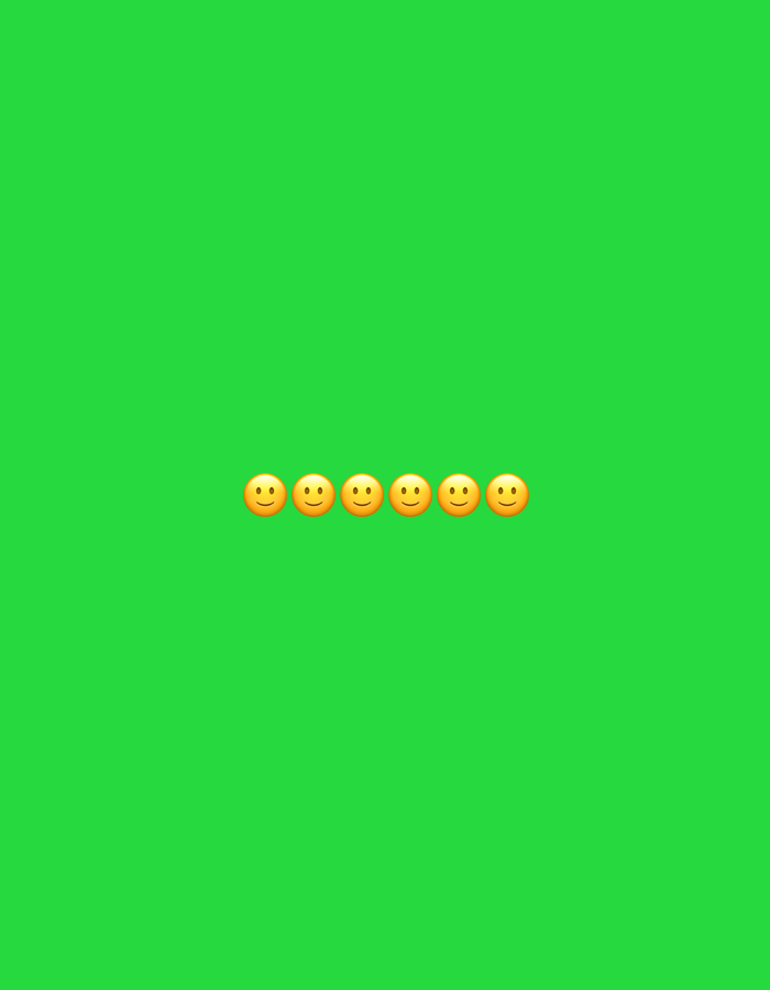 A horizontal line of six identical yellow smiley face emojis is centered on a bright green background. The emojis are evenly spaced and appear to be at the bottom center of the image.