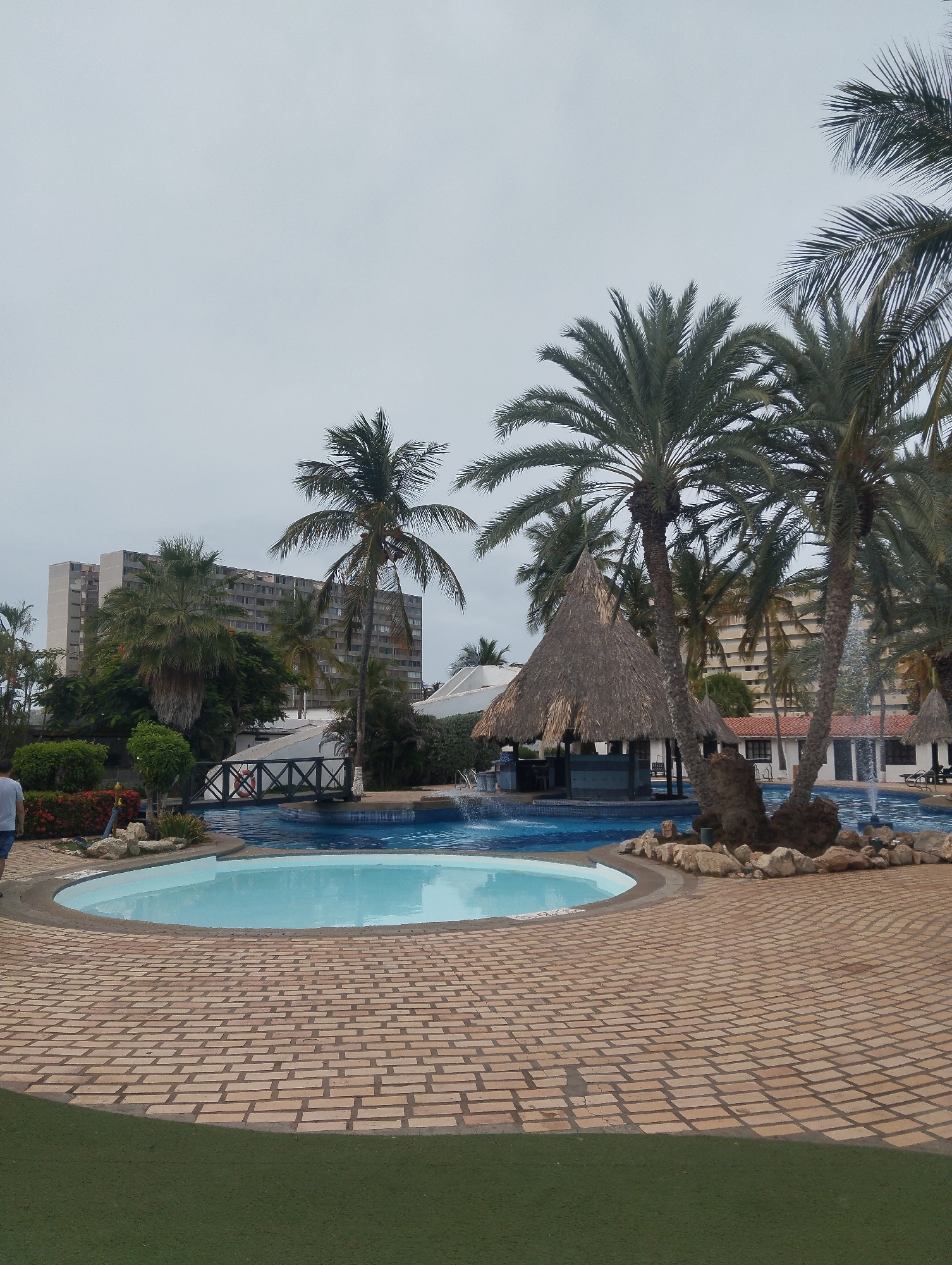 The image depicts a pool area in Porlamar, Venezuela. The pool complex features a shallow, circular pool in the foreground, surrounded by a brick patio. Beyond the circular pool is a larger, more complex pool with a thatched-roof bar structure in the center. A small footbridge crosses a portion of the pool. Palm trees are interspersed throughout the pool area. In the background, a tall, multi-story building is visible. The sky is overcast. A portion of a person is visible in the left foreground.