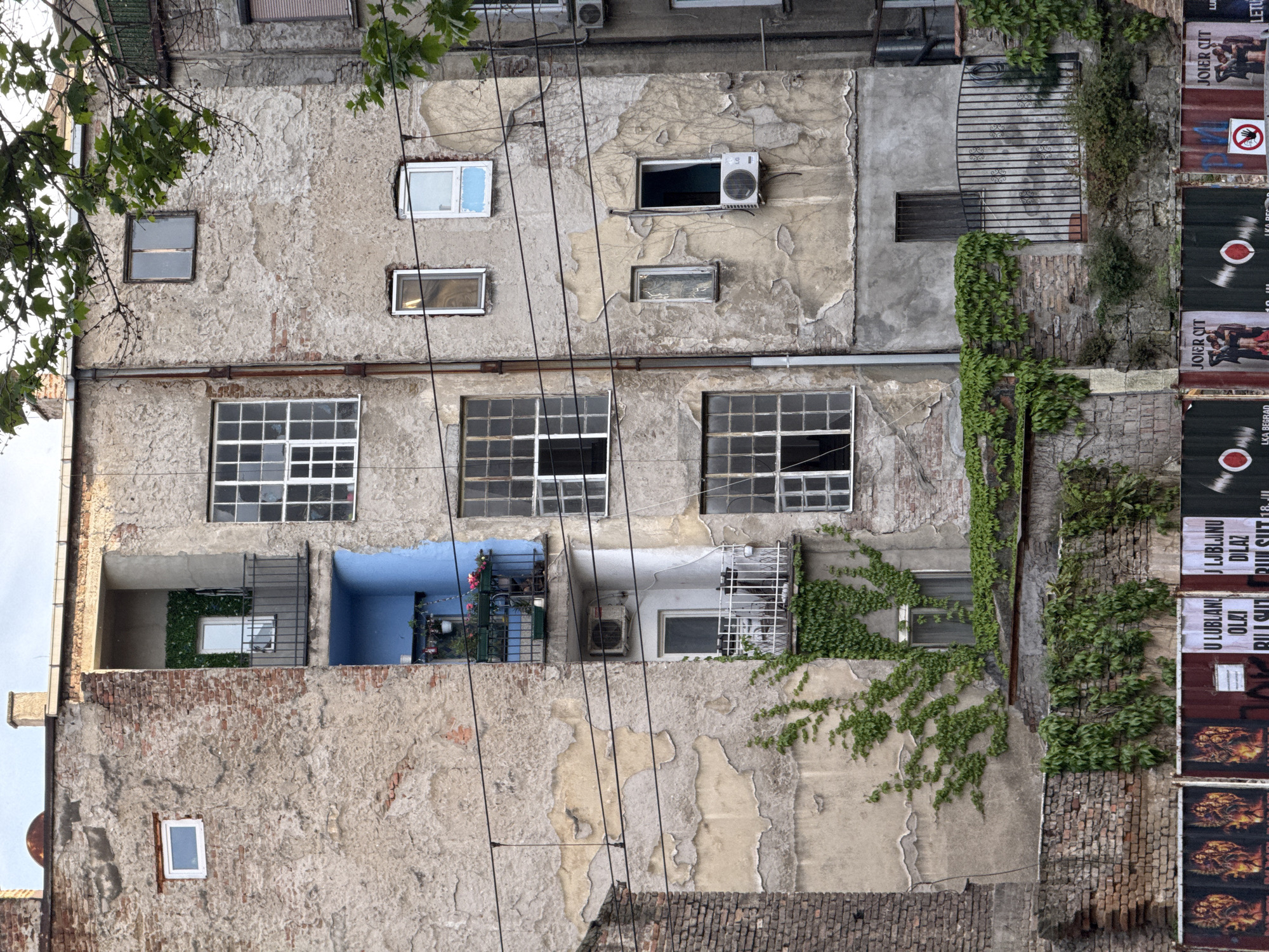 The image captures the façade of an aged building in Belgrade, Serbia. The architecture is characterized by multiple windows of varying sizes and styles, some with iron grates or balconies. Several air conditioning units are attached to the exterior. The walls exhibit significant deterioration, with peeling paint and exposed brick. Green vines and posters displaying text and images are visible on the building's side. Wires are strung across the façade, and tree branches frame the edges of the shot.