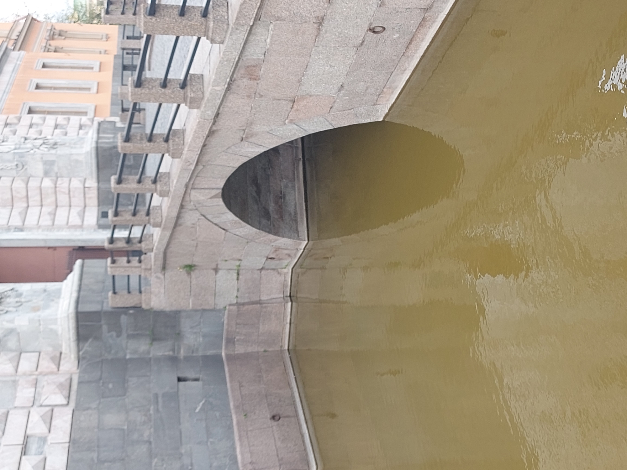 A photograph, rotated counter-clockwise, presents a view from above of a bridge arching over a body of water, likely a canal, in Saint Petersburg, Russia. The water is a murky yellowish-brown with subtle ripples. The bridge is constructed of light-colored stone blocks and features a rounded archway that casts a shadowed area beneath it. On the left side of the bridge, a series of black metal railings are visible. Adjacent to the bridge on the left, buildings with light orange facades and windows line the canal. The perspective is vertical, looking down onto the scene, and the overall lighting suggests an overcast day. The architectural details of the bridge and the adjacent buildings are typical of Saint Petersburg's historic urban landscape.