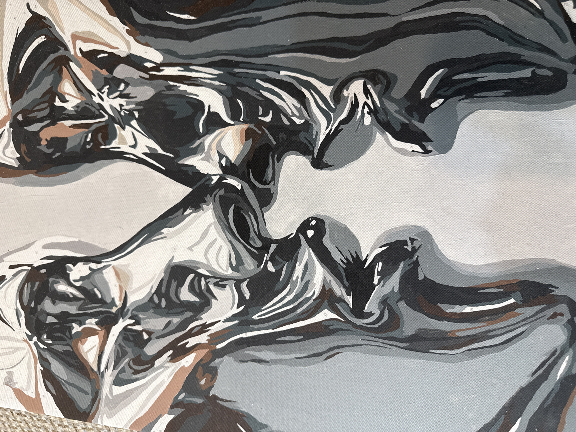 The image is an abstract painting featuring shades of grey, brown, black, and white. The composition appears to depict two mirrored, fluid shapes that could be interpreted as figures or stylized elements. The application of color is broad and blocky, giving the artwork a fragmented, graphic quality. The background is a light grey-white, contrasting with the darker elements of the composition. The presence of number labels scattered throughout suggests this is a paint-by-numbers kit or artwork, rather than an original piece. There is no indication of the location of Ivanteyevka, Russia.