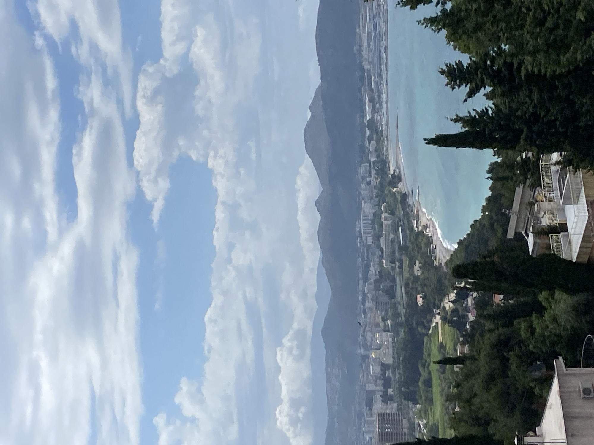 The image shows an elevated view of the coastal city of Šušanj, Montenegro. The Adriatic Sea stretches along the right side of the frame, with a beach and coastal development visible along the shoreline. Buildings of varying sizes and heights are interspersed within the urban landscape. Mountains rise behind the city, creating a layered backdrop. The sky is partly cloudy, with the blue sky visible. Trees and foliage are in the foreground on the right side, partially obscuring the view. The camera is oriented vertically.