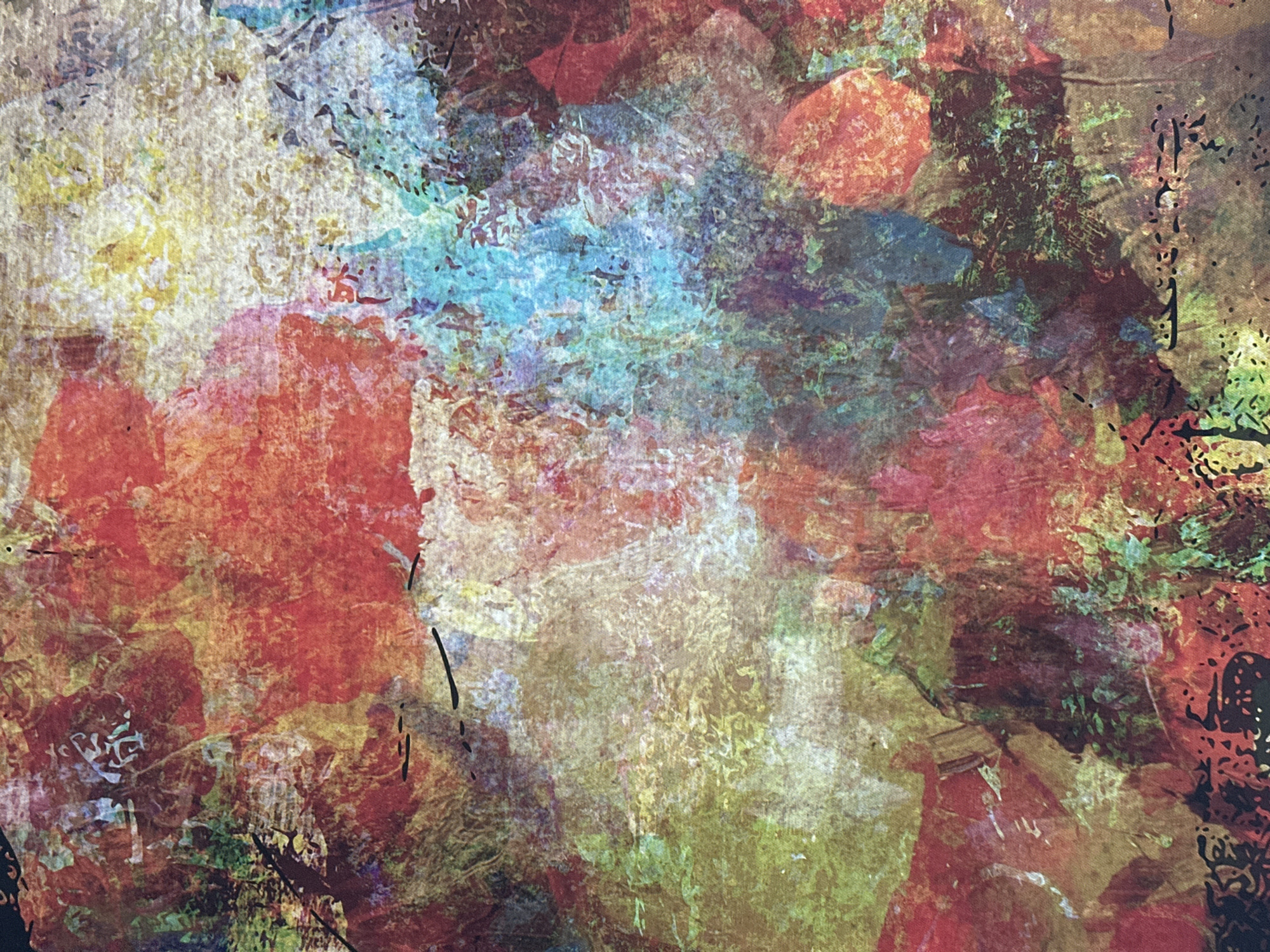 This is an abstract painting with bold brushstrokes and a vibrant color palette. Dominant colors include reds, yellows, blues, and greens, blended together in a textured and layered manner. There are areas of lighter and darker tones, creating depth and contrast. In the upper left corner, there appears to be a faint, stylized Chinese character. The painting's surface has a rough, canvas-like texture. The painting does not depict a scene in Ossenzijl, Netherlands, or any identifiable location.