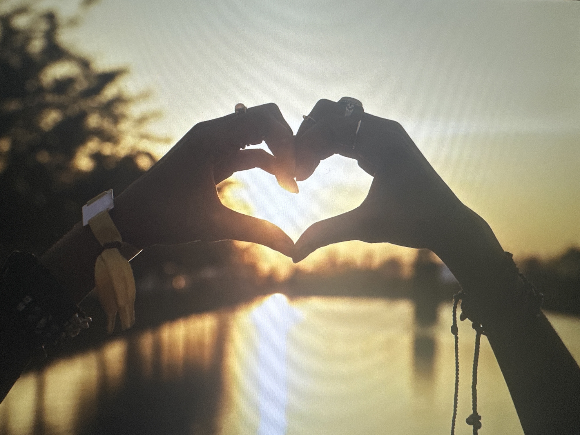 The image shows a silhouette of two hands forming a heart shape against a sunset. The hands are adorned with rings and bracelets. The background features a body of water reflecting the warm glow of the setting sun, with trees visible on the horizon. The location is not specified as Bryansk, Russia, nor is there any indication of this in the image.