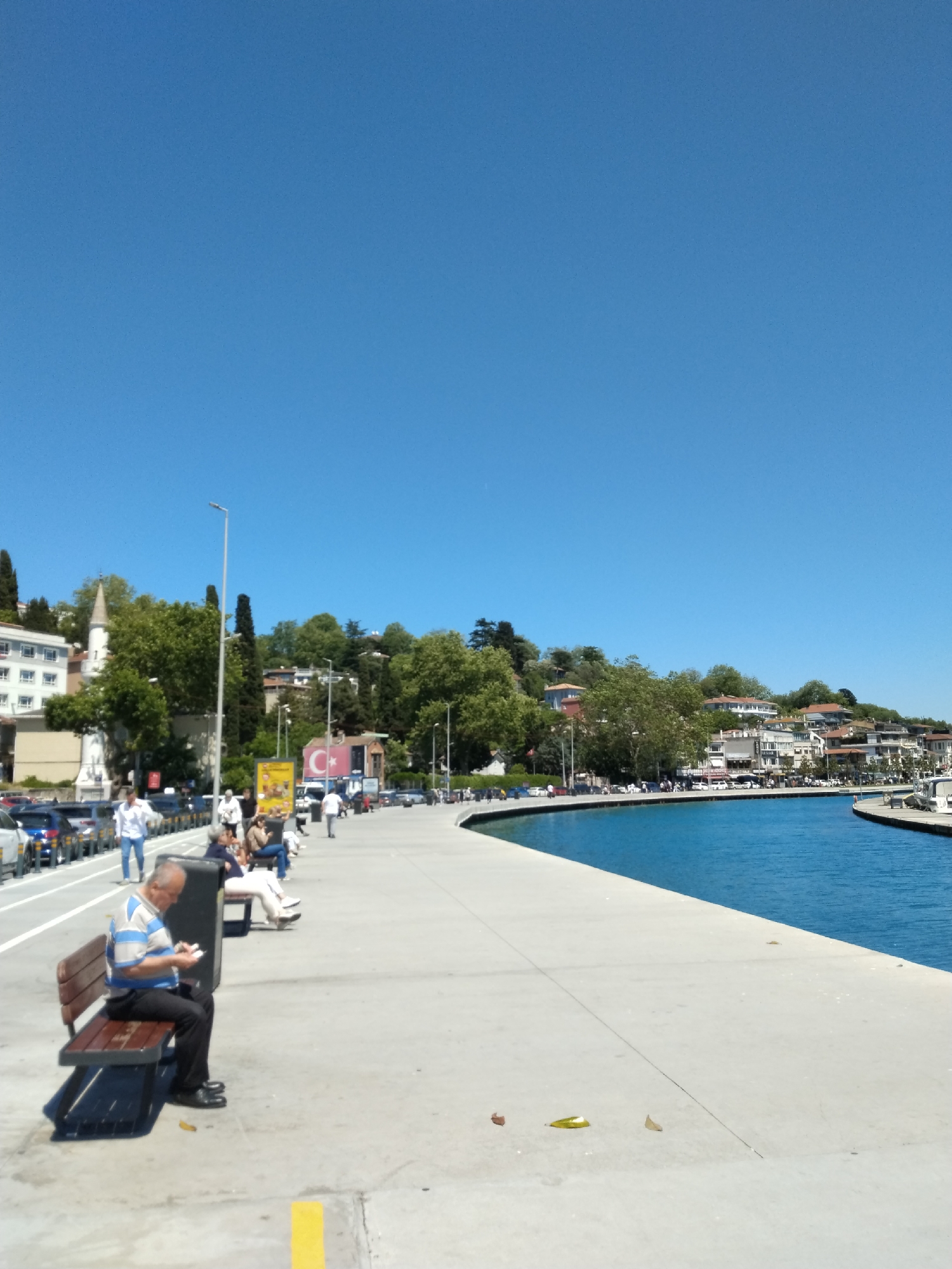 The image captures a sunny day scene along a waterfront promenade.
A man is sitting on a park bench in the foreground, looking at a mobile phone. Other people are visible walking and sitting along the promenade.
Behind them, a road with parked cars stretches along the waterfront. Buildings and trees line the background, rising up a hill. The body of water is to the right of the promenade.
The sky is clear and blue.