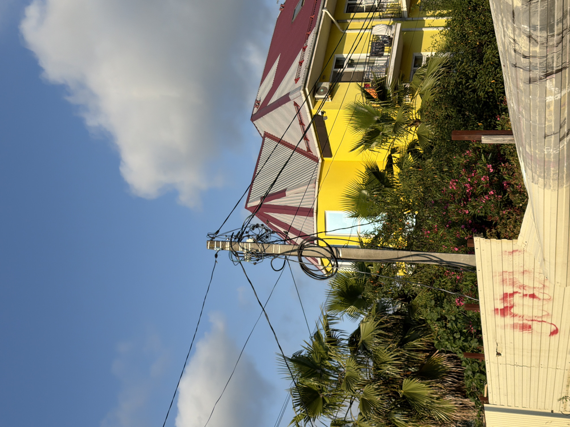 A bright yellow multi-story building with a red and silver patterned roof stands behind dense green foliage and palm trees. A concrete utility pole with a tangled mass of black electrical wires is positioned in the foreground, slightly to the left of center. The sky above is a vibrant blue, with a few scattered white clouds. In the lower left of the frame, a beige corrugated metal fence is visible, marred by red spray-painted markings. The scene appears to be an outdoor view in a warm climate. The image was captured in the city of Sirius, Russia.