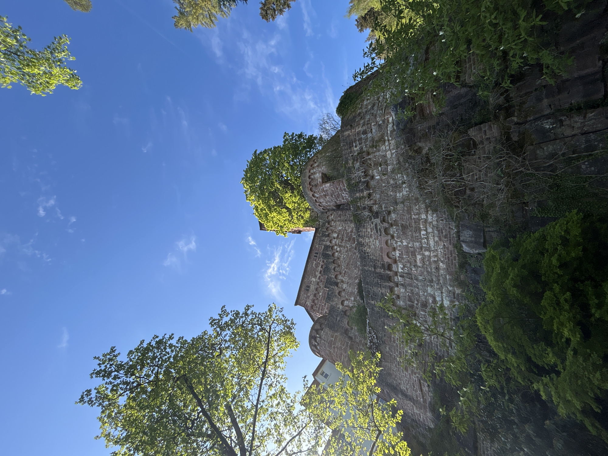 The image shows a low-angle view of a stone wall building with trees framing the sides. The sky is blue with some wispy clouds. The stone building has a rounded section and appears to be constructed from red-brown bricks. There is vegetation growing along parts of the wall. The trees have green leaves and fill the bottom and upper edges of the photo. The location is in the city of Unknown, Unknown.