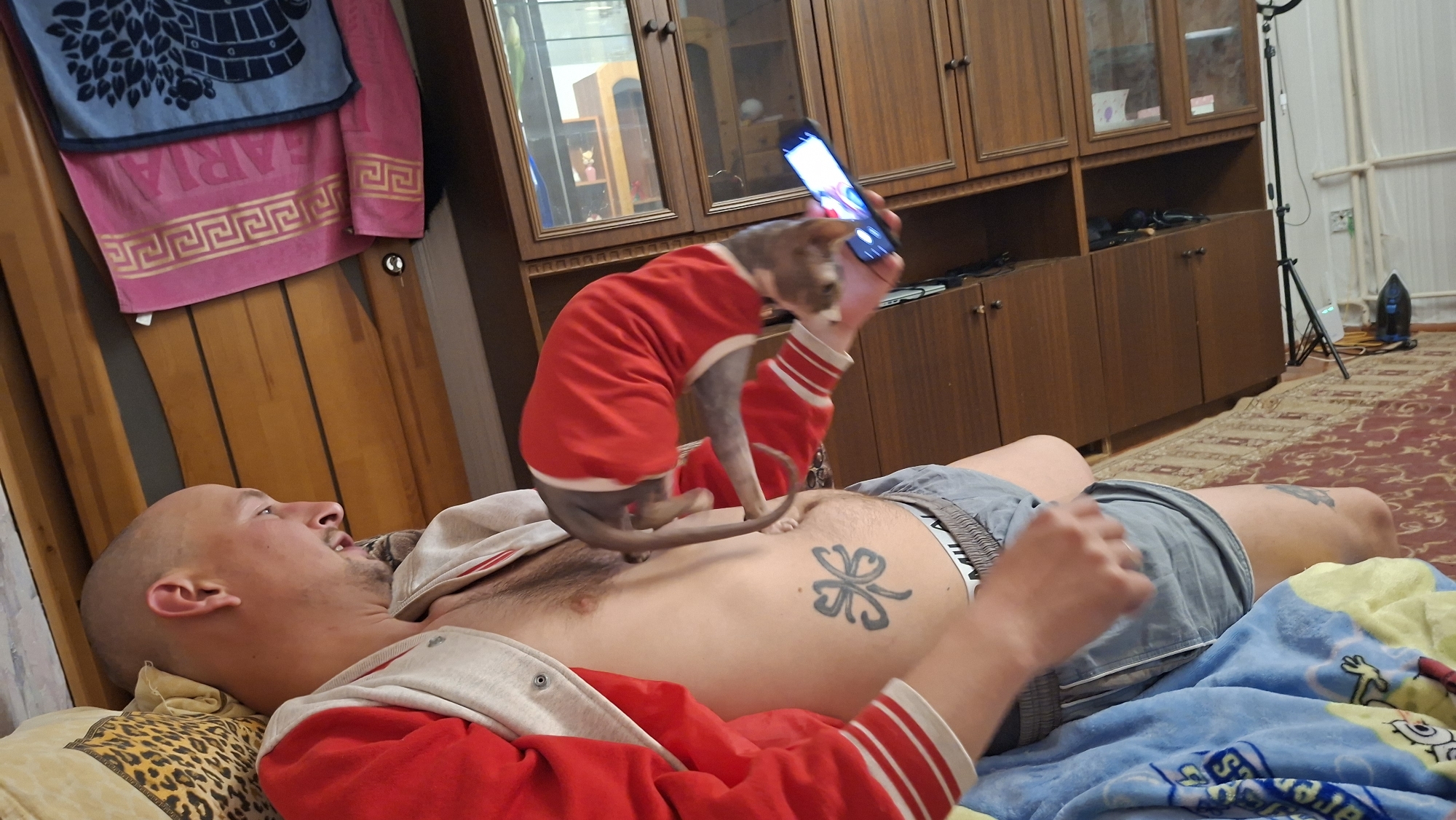 A man lies on a bed, looking up and to his right. He has a bald head and a tattoo on his chest. A hairless cat wearing a red sweater is standing on his torso, holding a smartphone and appearing to take a selfie. The room appears to be a bedroom with wooden furniture and a patterned rug. The location is identified as Забалоцкі сельскі Савет, Belarus.