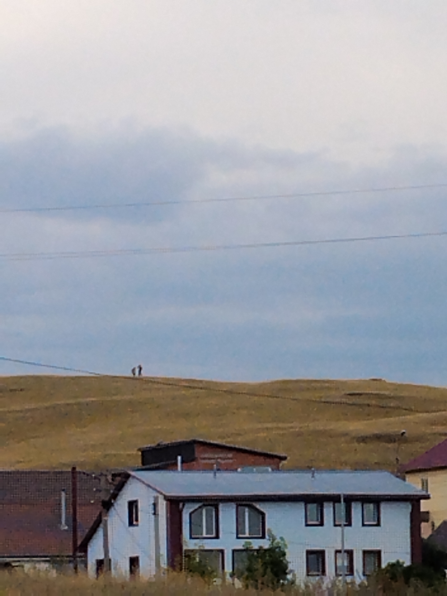 The image captures a rural landscape under a cloudy sky. In the foreground, two houses are visible. The house on the left has a brown, gabled roof and a white chimney. The house on the right is a multi-story building with a light blue exterior, a gray metal roof, and numerous windows. A portion of a yellow building with a red roof is visible to the far right. In the background, a gently sloping, grassy hill occupies the midground. On the crest of the hill, two small, silhouetted figures stand, appearing to be walking or observing. Power lines are strung across the sky in the upper portion of the image. The overall scene suggests an overcast day in a semi-rural or suburban area. The mention of Kokshetau, Kazakhstan, indicates a potential location, implying this scene is within or near that city.