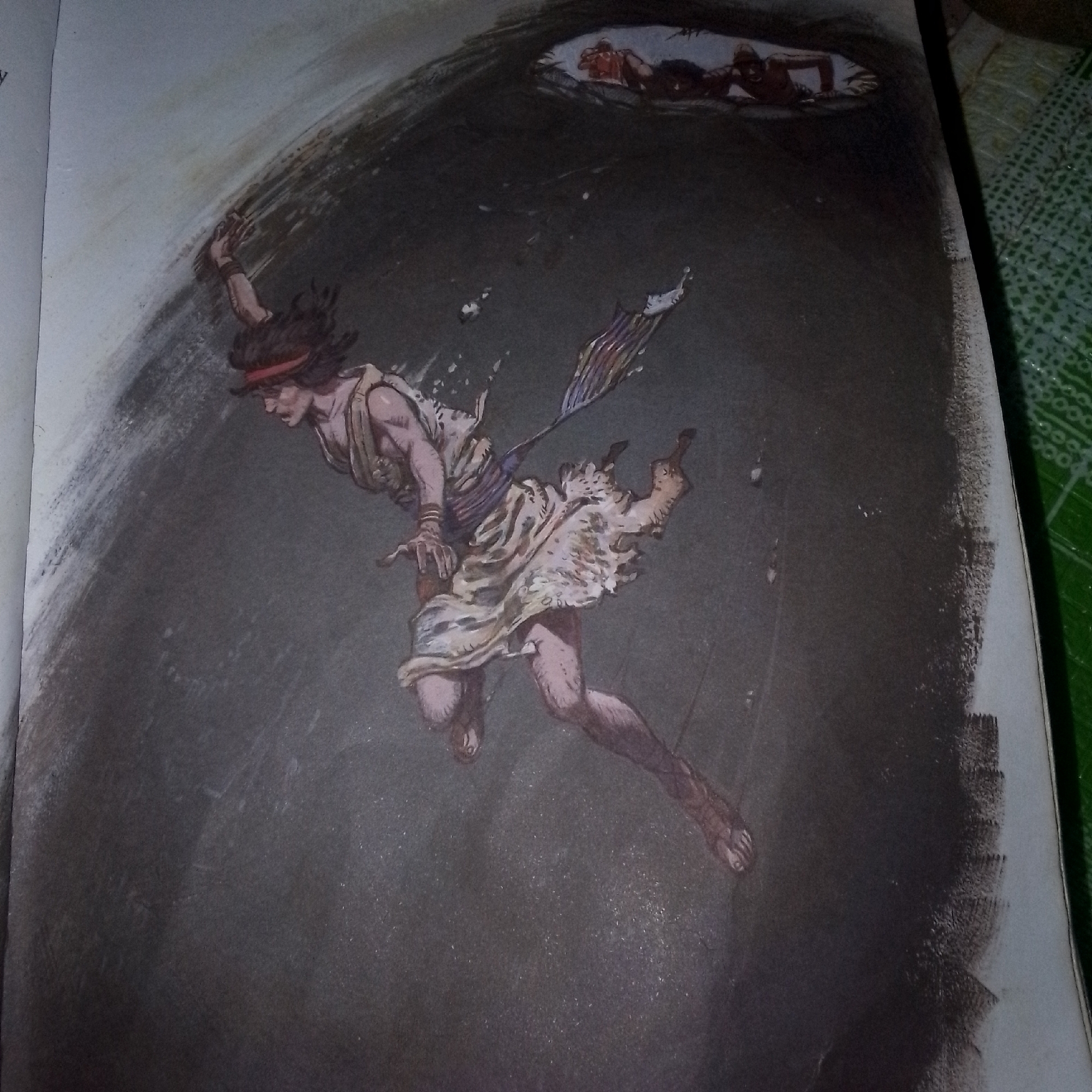The image is an illustration of a person falling into a dark, abyss-like void. The person, depicted with brown hair and wearing a red headband and a tattered white garment, is shown in mid-air with their arms outstretched. Their body is twisted as if in the process of falling. An arrow with colorful fletching is also visible, seemingly falling alongside the person. In the upper right portion of the image, a reflection or another scene is visible, showing at least two figures in a reddish-orange hue, possibly in water or a similar reflective surface. The background is dark and textured, with some white specks scattered throughout, resembling debris or dust. The overall impression is one of motion and disorientation. The image is rendered in a painterly style with visible brushstrokes. The scene is not identifiable as being in a specific city or location.