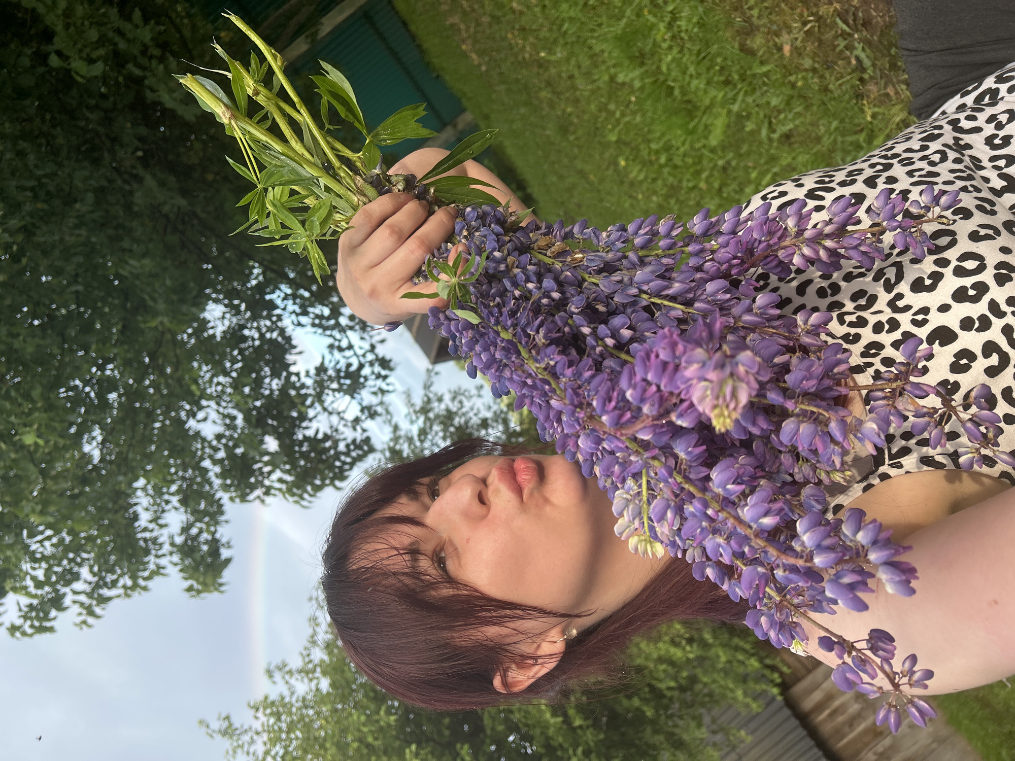 A young woman with dark red hair pulled back is holding a large bouquet of purple lupine flowers. She is looking to the left and puckering her lips as if to kiss the flowers. She is wearing a white top with a black leopard print pattern. In the background, there are green trees, a patch of grass, a wooden fence, and a rainbow in the sky. The setting appears to be outdoors, possibly in a rural or suburban area, consistent with the environment found in the city of Foky, Russia.