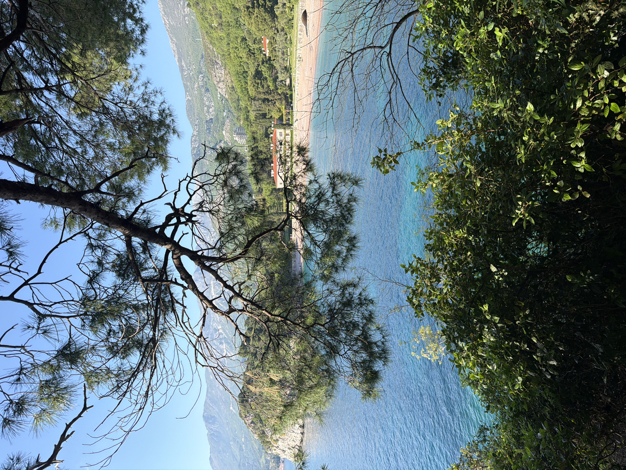 A landscape photograph depicts a coastal scene with a prominent shoreline and mountainous terrain in Sveti Stefan, Montenegro. A sandy beach is visible adjacent to the turquoise waters of the Adriatic Sea. Lush green vegetation covers the land, contrasting with the rocky terrain. A building with a red roof is situated near the coast. Trees with sparse foliage frame the view. The image is taken from an elevated perspective, capturing the vastness of the sea and the surrounding landscape.