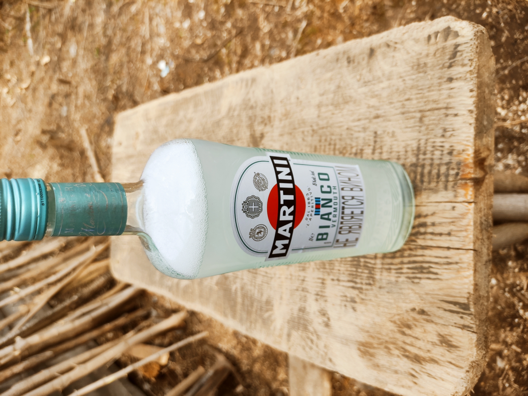 A bottle of Martini Bianco vermouth rests horizontally on a weathered wooden plank surface. The bottle is mostly full of a pale liquid, and the label is prominently displayed. The environment includes dry twigs and foliage, suggesting an outdoor location.