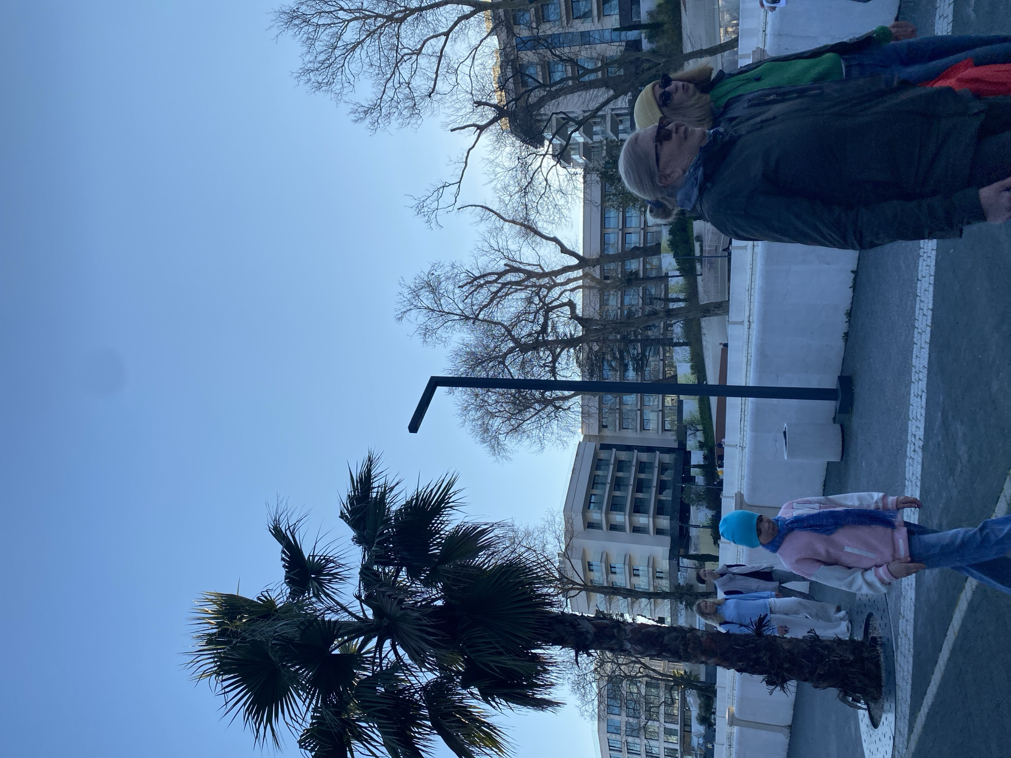 The image depicts an outdoor scene with people walking on a paved area in what appears to be a city environment. There are groups of people walking in both directions. Some individuals are wearing sunglasses and hats. A palm tree is visible on the left side of the image, with bare trees in the background. Modern buildings are present in the backdrop. A black light fixture or pole is visible. The sky is a clear blue. Based on the architecture and vegetation, the location is possibly in Sochi, Russia.