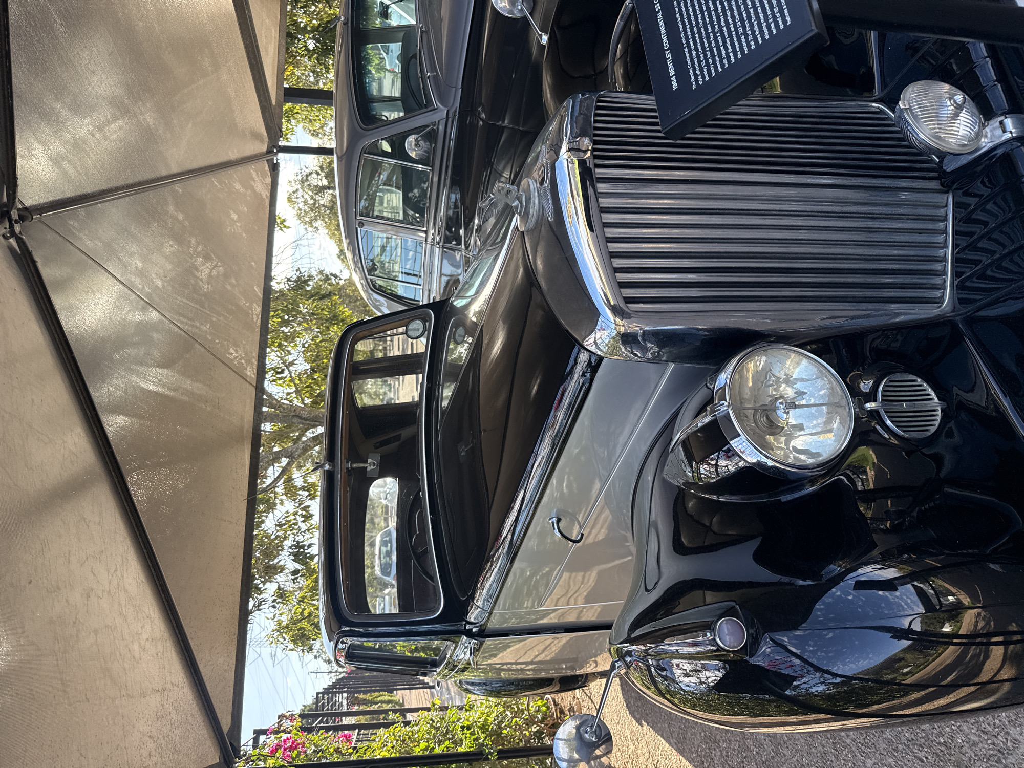 This image depicts a black 1964 Bentley Continental S3. The car is gleaming, with a large chrome grille and prominent headlights. A sign providing details about the car is positioned nearby. The setting appears to be an outdoor display area, possibly a car show or museum, under a shaded structure. Lush greenery and flowering plants are visible in the background, suggesting a well-maintained environment. The photograph could have been taken in Stellenbosch Nu, South Africa, assuming it is part of the description context.
