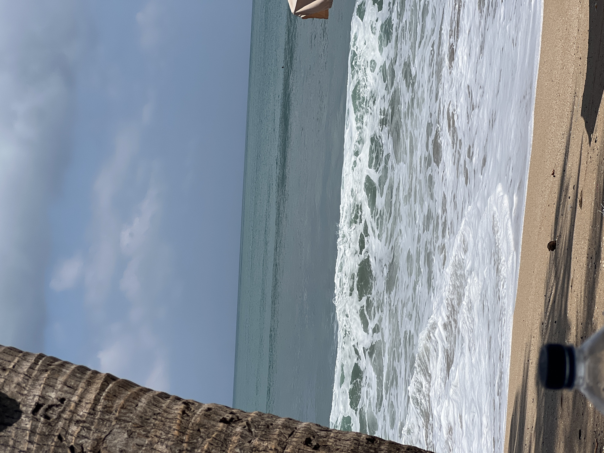 A medium shot captures a beach scene in Kuta, Indonesia, dominated by the ocean and a portion of a palm tree trunk. The water is a deep turquoise, with frothy white waves crashing onto a sandy shore in the foreground. The sky above is a hazy blue with scattered white clouds. A dark bottle with a black cap is visible in the lower left corner of the image, on the sand. The trunk of a palm tree, with its rough, textured bark, takes up the left side of the frame, partially obscuring the background. In the distance, a person is visible in the water, and the edge of a light-colored umbrella or canopy is seen on the far right.