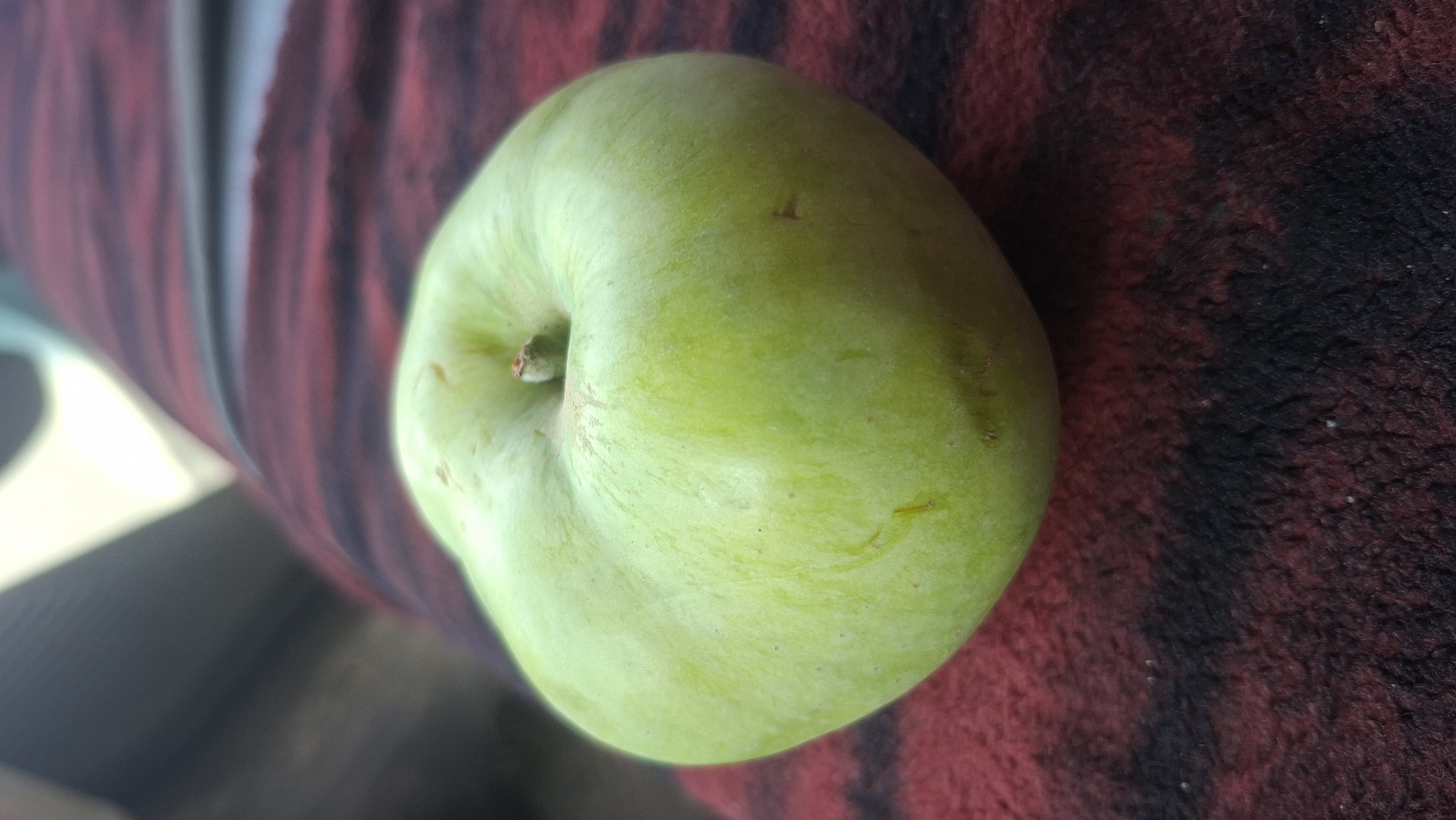 A single, unripe green apple sits on a textured, dark red and black striped fabric. The apple is positioned slightly off-center to the left, filling a significant portion of the frame. The lighting suggests an outdoor setting, possibly in a garden or on a patio, with a soft, diffused light illuminating the fruit. The background is out of focus, showing muted colors that hint at a blurred environment, perhaps some foliage or a building structure. There is no indication of a specific location within the city of Hîncești, Moldova.