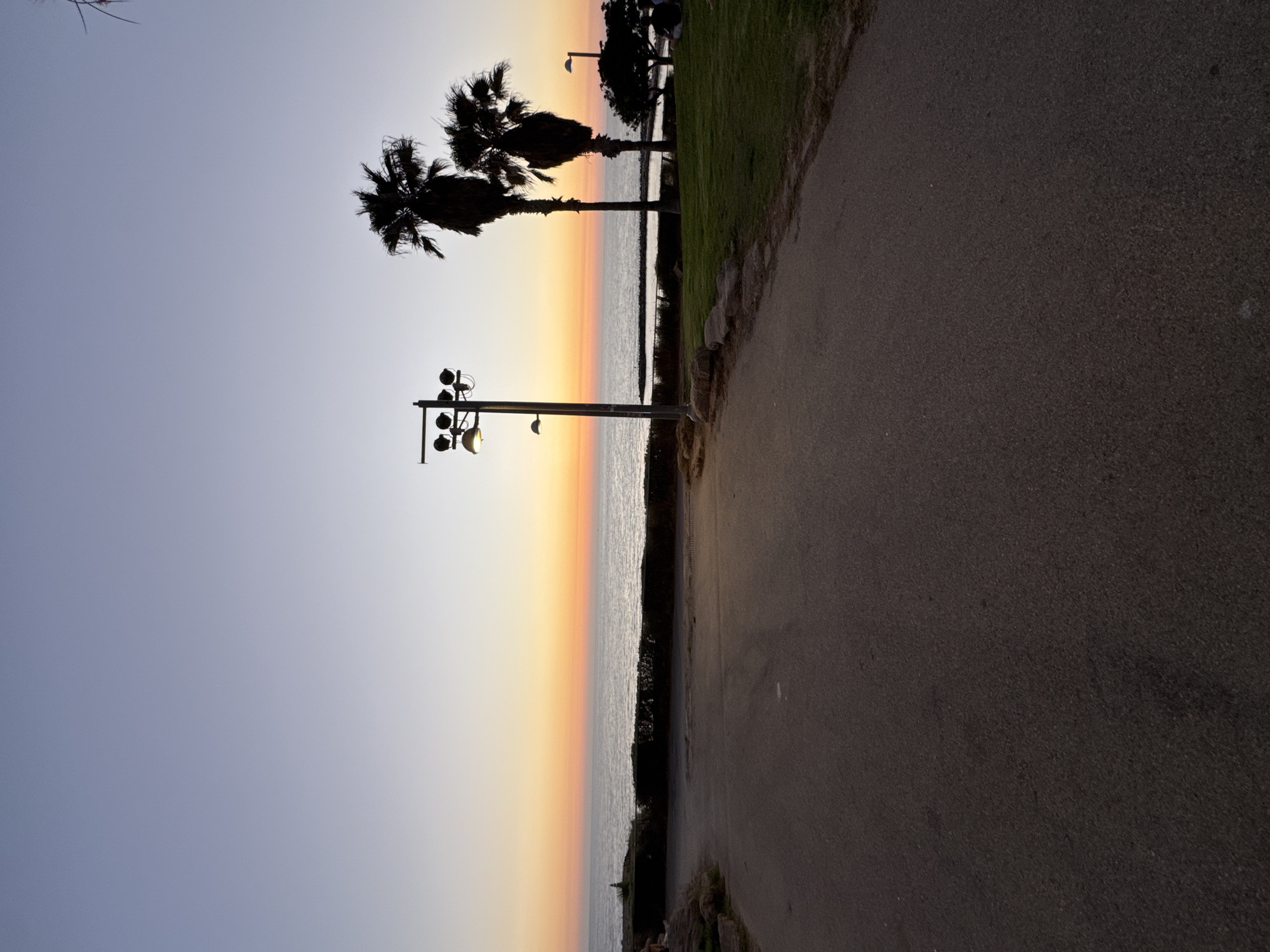 This is a photograph of a sunset at a beach in Tel Aviv, Israel. The sky is a gradient of blue to orange, with the sun just below the horizon. The ocean is calm and reflects the colors of the sky. In the foreground, there is a paved walkway leading towards the beach. To the right of the walkway, there is a grassy area with palm trees and a lamppost. There are a few people sitting on the grass in the distance.