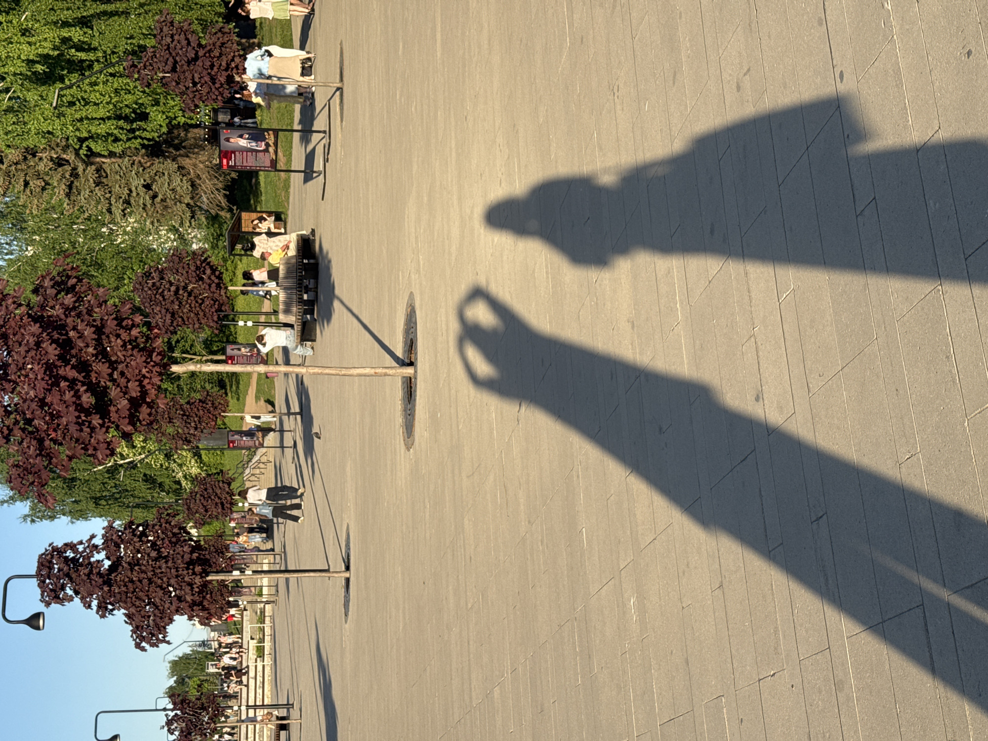 The image shows a pedestrian zone in Izhevsk, Russia, possibly a promenade or park area. People are relaxing on benches under trees lining the walkway. Tall, slender trees cast long shadows on the stone-paved ground. The lighting suggests it's either early morning or late afternoon. There are also several signs on the side of the park.
