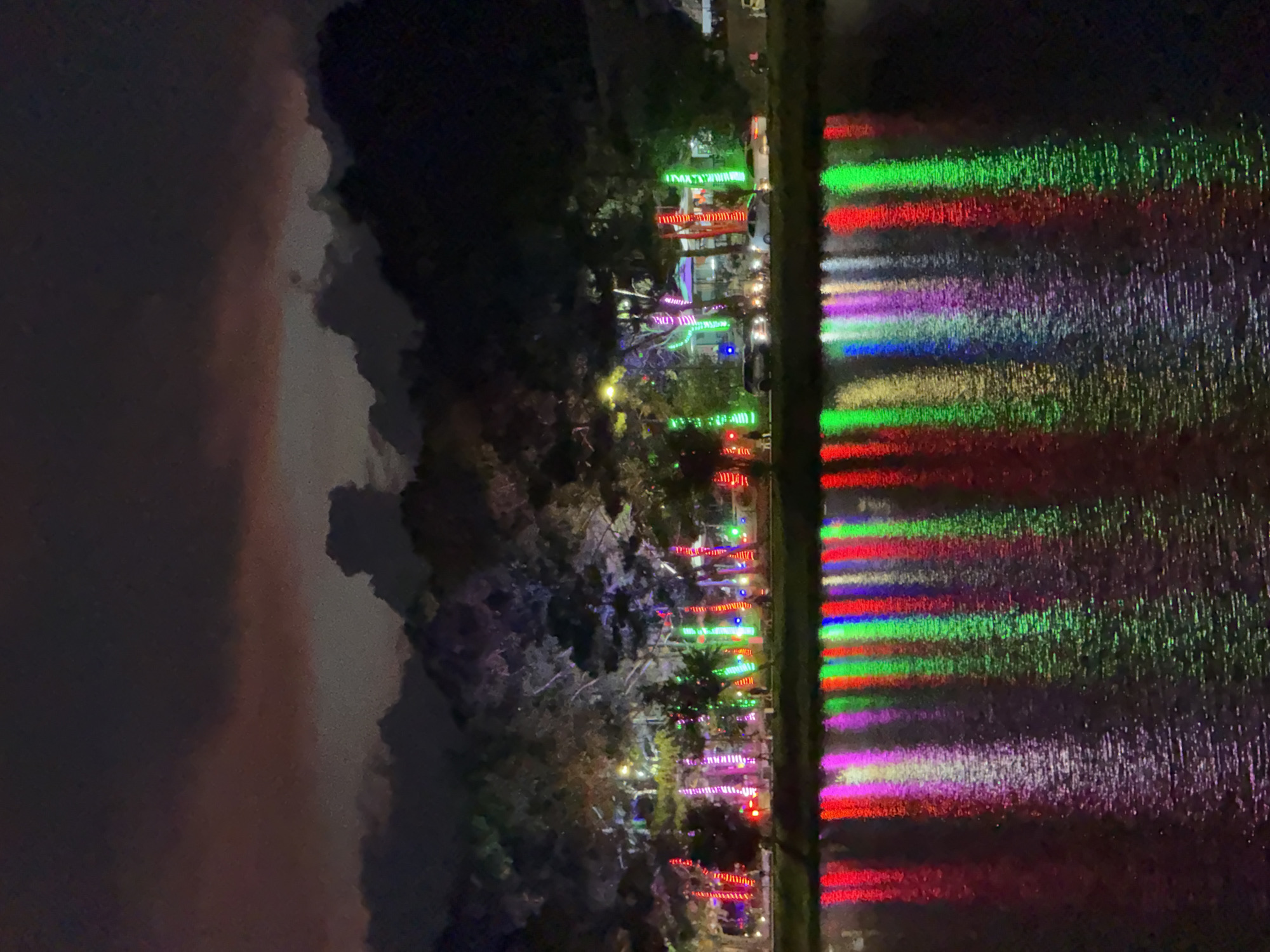The image depicts a nighttime scene of a waterfront decorated with vibrant, colorful lights. The lights, in shades of green, red, purple, and blue, are strung along trees and structures on the bank, creating dazzling reflections on the water's surface. The water itself is dark, with the lights shimmering and rippling across it, suggesting a calm or gently moving body of water. The surrounding vegetation is visible, appearing as dark silhouettes against the illuminated lights. The overall impression is one of festivity and enchantment, likely part of a holiday or special event. The time of day is clearly night, and the presence of the lights implies an outdoor setting, possibly a park, promenade, or resort area along a lake or river. No people are clearly visible, but the presence of cars suggests there might be visitors or an event underway. There is no visible text in the image. The location context of Da Lat, Vietnam, suggests this could be a local festival or a popular tourist attraction during a festive season. The sky is dark, with some indistinct cloudy formations visible on the left side of the image.