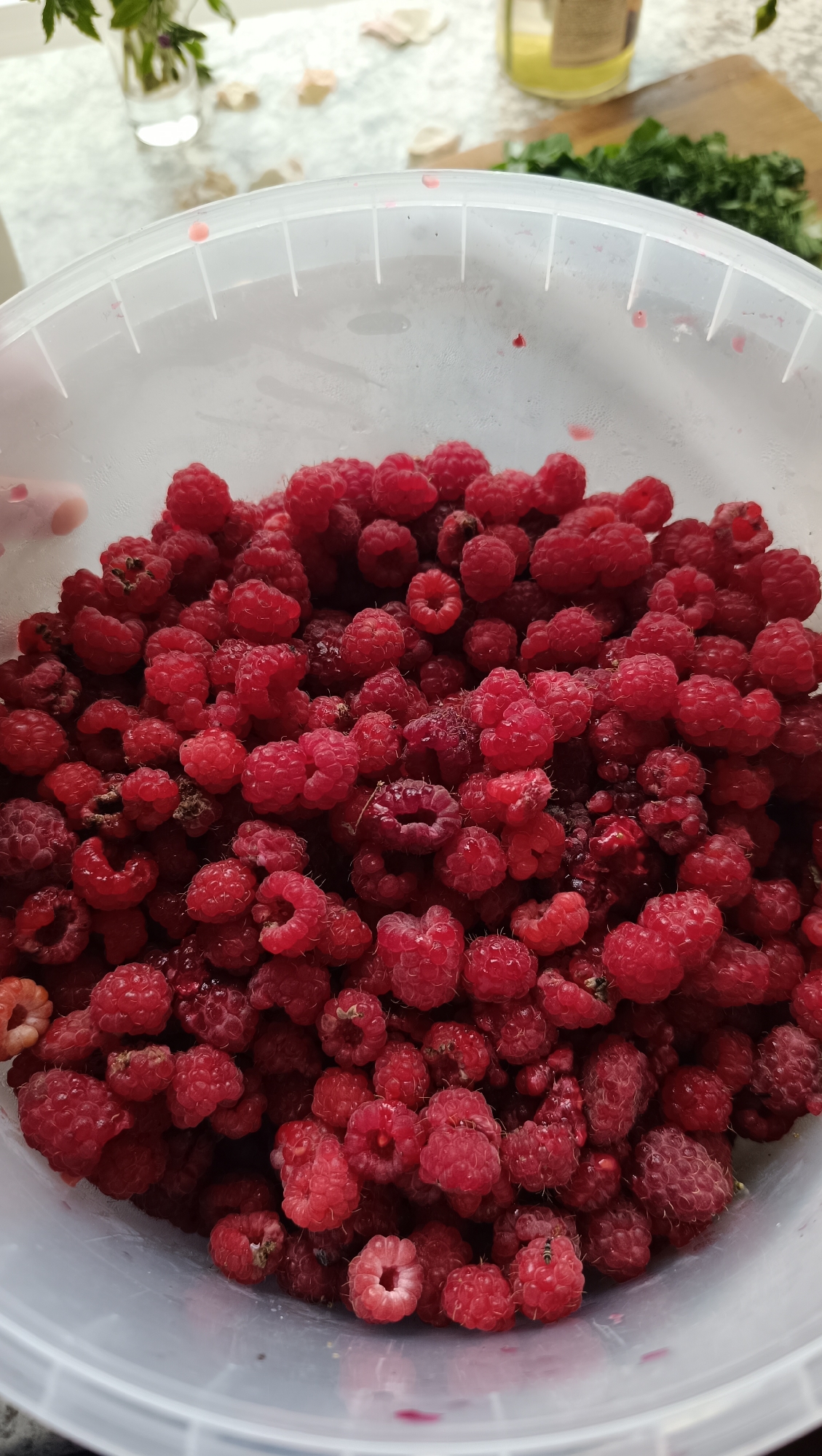 The image shows a close-up view of a clear plastic bucket filled with ripe raspberries. The berries are a vibrant red color, and some appear slightly crushed, indicating they are fresh. The bucket is positioned on a surface that appears to be a countertop, with a blurred background suggesting an indoor setting. Hints of a glass vase with greenery and a bottle of liquid are visible in the upper left and right corners respectively. There is no indication of the city of Karsha, Russia, or any people in the image.