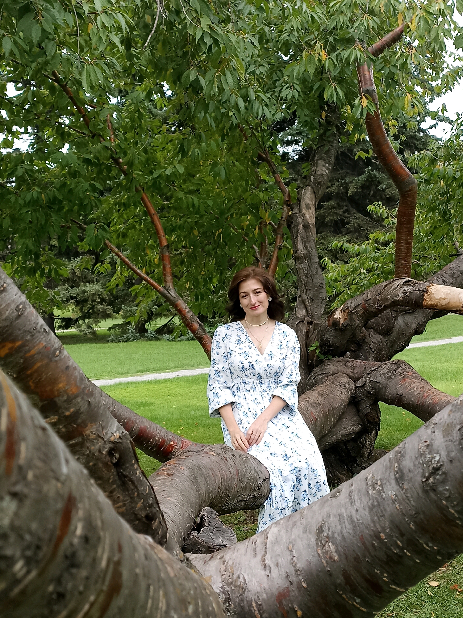 A woman sits on a fallen tree in a park. The woman has brown hair and is wearing a white dress with a blue floral pattern. She is wearing a necklace and rings on her fingers. The tree appears to be old and gnarled, with thick branches. The park is grassy and surrounded by trees. The image was taken in Novosibirsk, Russia.