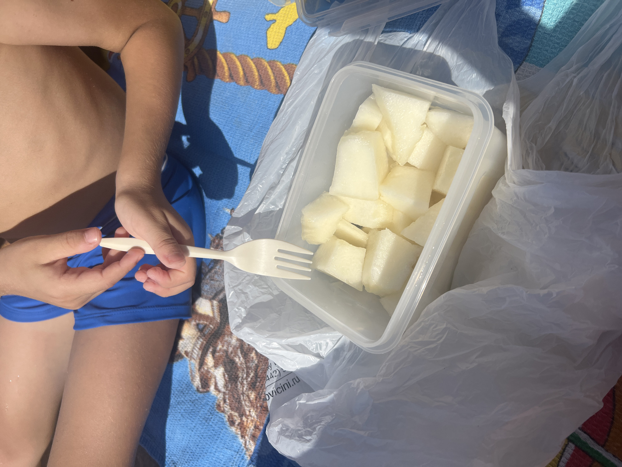 A close-up, overhead shot shows a person's legs and torso, clad in blue swim trunks, sitting on a blue and white towel. Their hands are visible, one holding a white plastic fork that is inserted into a clear plastic container filled with chopped white fruit, likely melon. The container is resting inside a larger white plastic bag, which is partially obscuring the towel and a portion of the fruit. The scene appears to be outdoors, possibly at a beach or park, given the bright sunlight casting shadows. The location is the city of Kilyakovka, Russia.